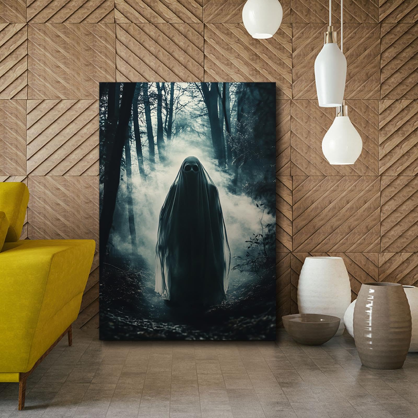 Via Vela Rétro horreur Style Toile Impression d’art murale Nuageux Mystérieux Forêt Crâne Motif Affiche Peinture Oeuvre pour Buanderie Décor 30x45cm Cadre intérieur