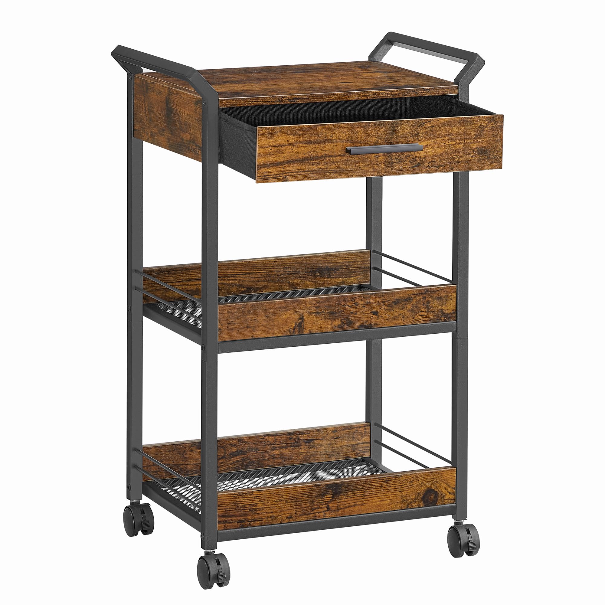 VASAGLE Carro de Almacenamiento, Carro Rodante de 3 Niveles, Aglomerado, con Freno, Cajón Superior, Estantes, para Cocina, Baño, Dormitorio, Marrón Rústico y Negro Tinta LRC048K01