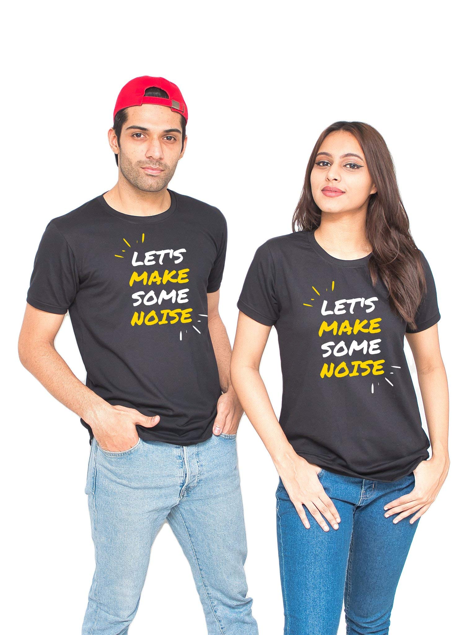 Appam Couple Men's & Women's Cotton Printed Regular Fit T-Shirts (Pack of 2)- Make Some Noise Black