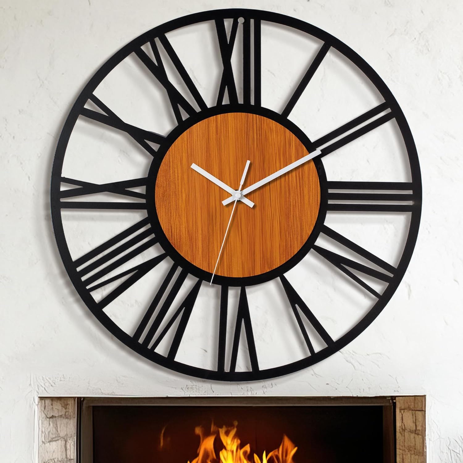 LEIKE 30" Oversized Large Wall Clocks,Silent,Non Ticking,Battery Operated Modern Round Big Wood Decorative Metal Wall Clock for Living Room, Bedroom,Kitchen,Farmhouse,Office Decor - Black,30 Inch 30 inch Redwood and Roman Number