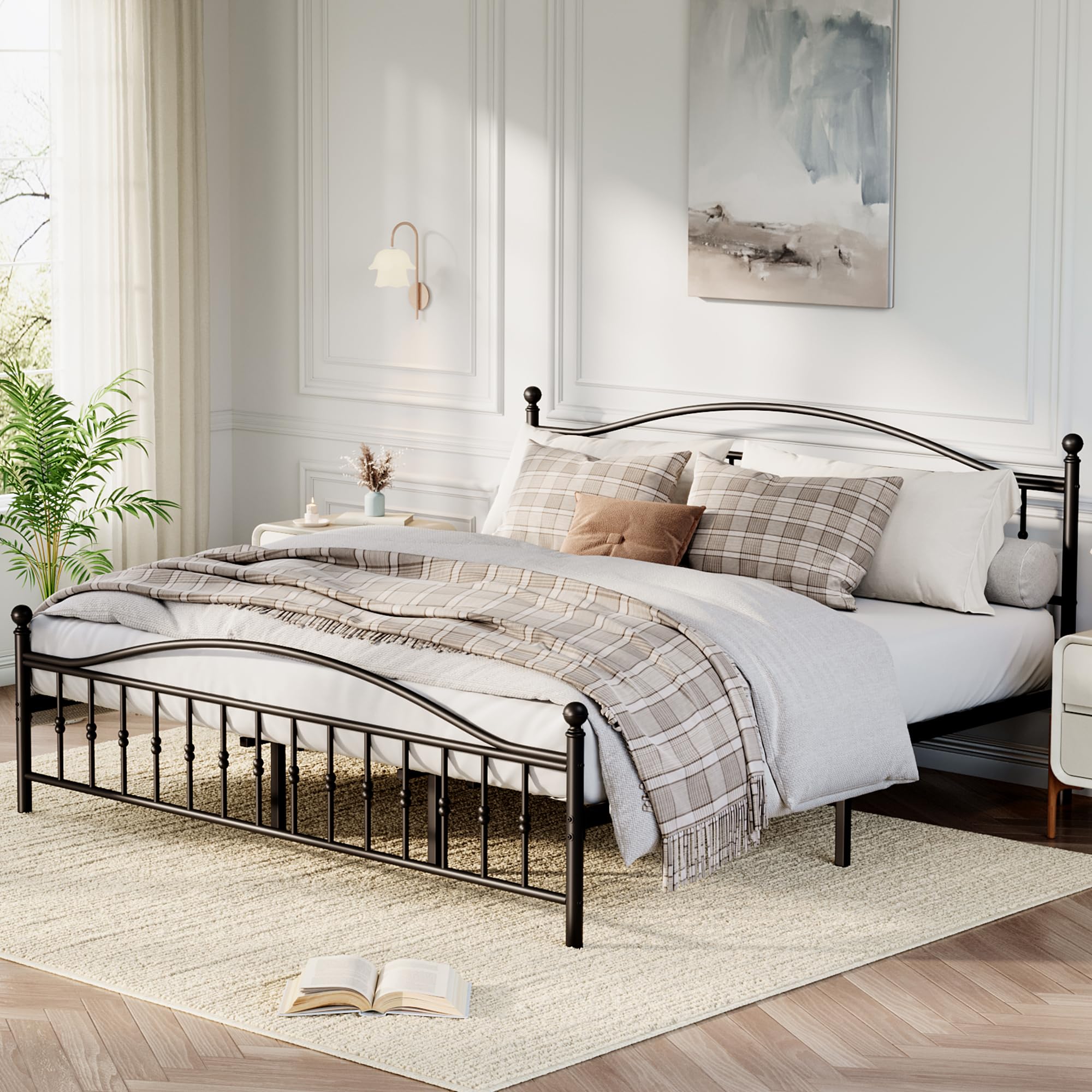 Garvee King Size Metal Bed Frame with Vintage Circular Headboard and Footboard Heavy-Duty Iron Platform Bed No Box