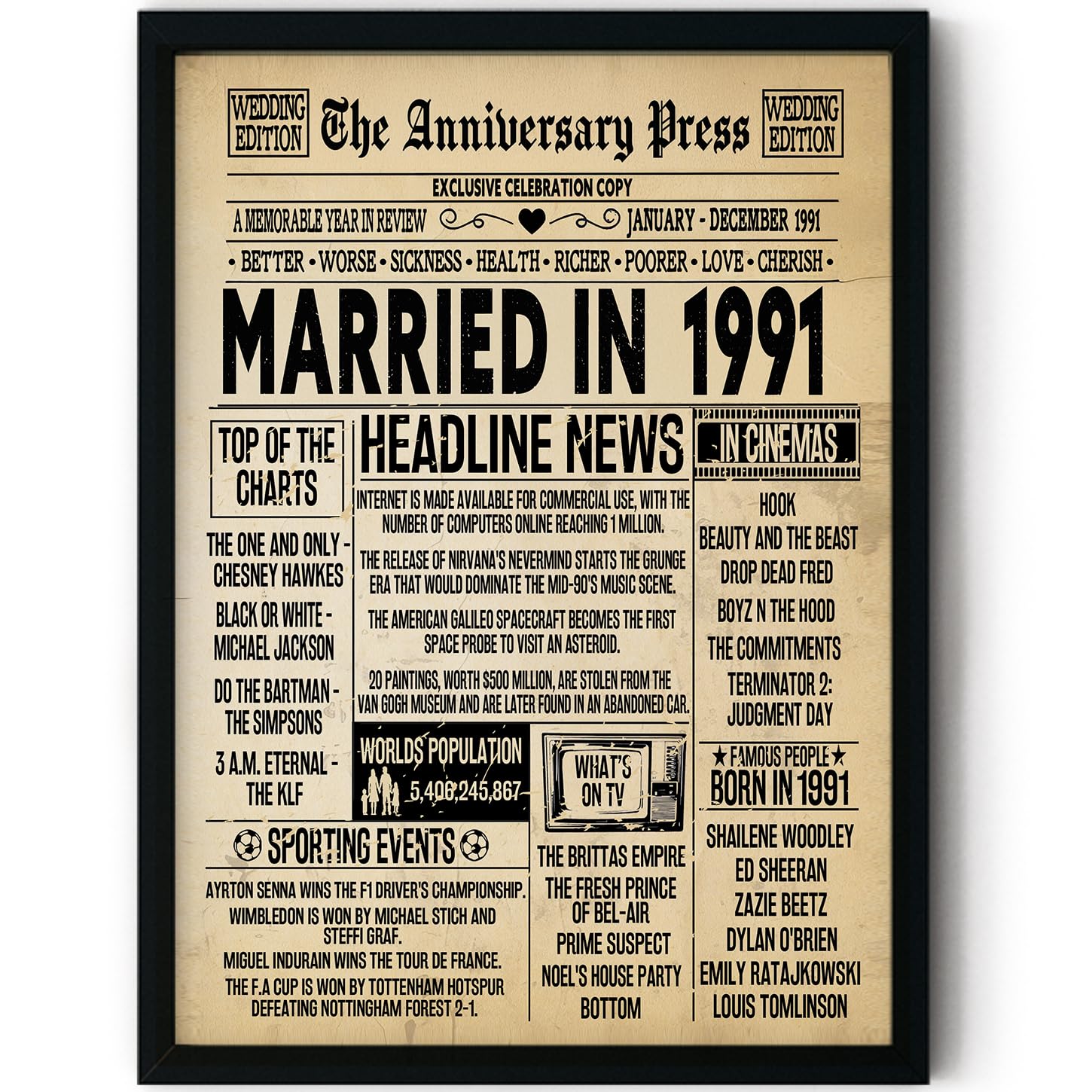 Stuff4 Men's 1991 35Th Anniversary Poster Framed - Married In Newspaper - 35 Wedding Anniversary For Wo Retro Vintage Gifts Back In 8X10 Inch Anniversaries Posters