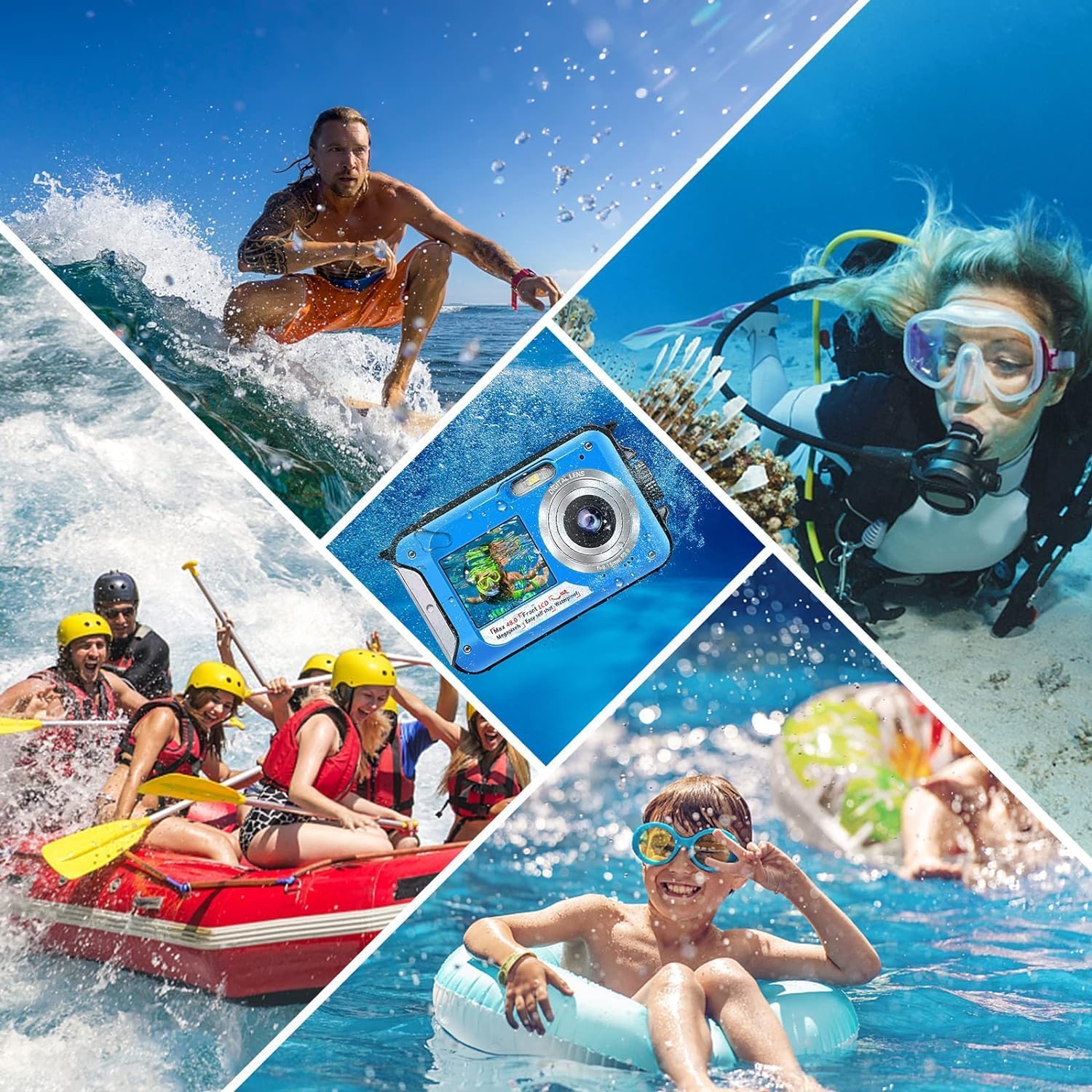 Unterwasserkamera Full HD 2.7K 48MP 10FT Kamera Wasserdicht Dual Screen 16X Digital Zoom Schnorcheln wasserdichte Digitalkamera fü r Selbstauslöser Unterwasser, Schwimmen, Urlaub
