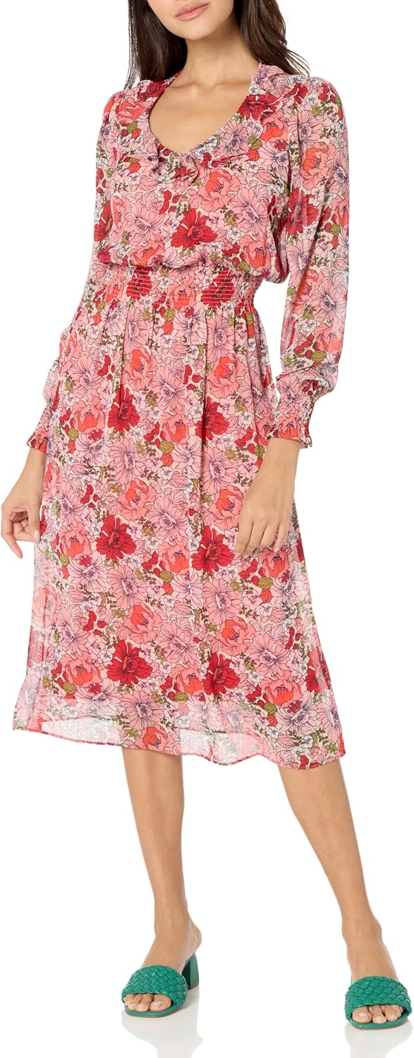 Tommy Hilfiger Women’s Petite Long Sleeve Smocking Detail Chiffon Fabric Dress