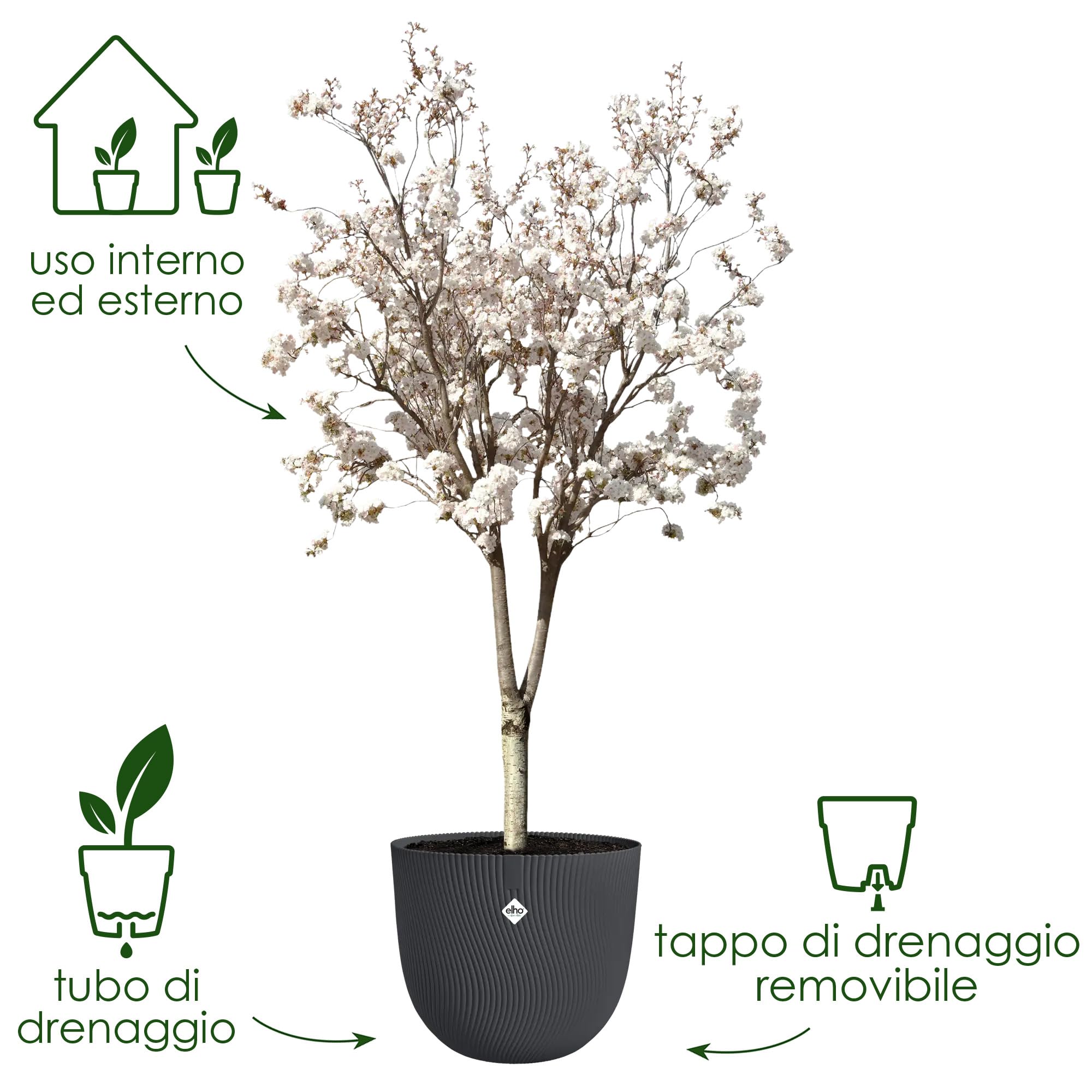 Elho Sereh Round 60 - Grande Vaso per Interno e esterno - 100% Plastica Riciclata - Ø 59 x H 50.6 cm - Anthracite