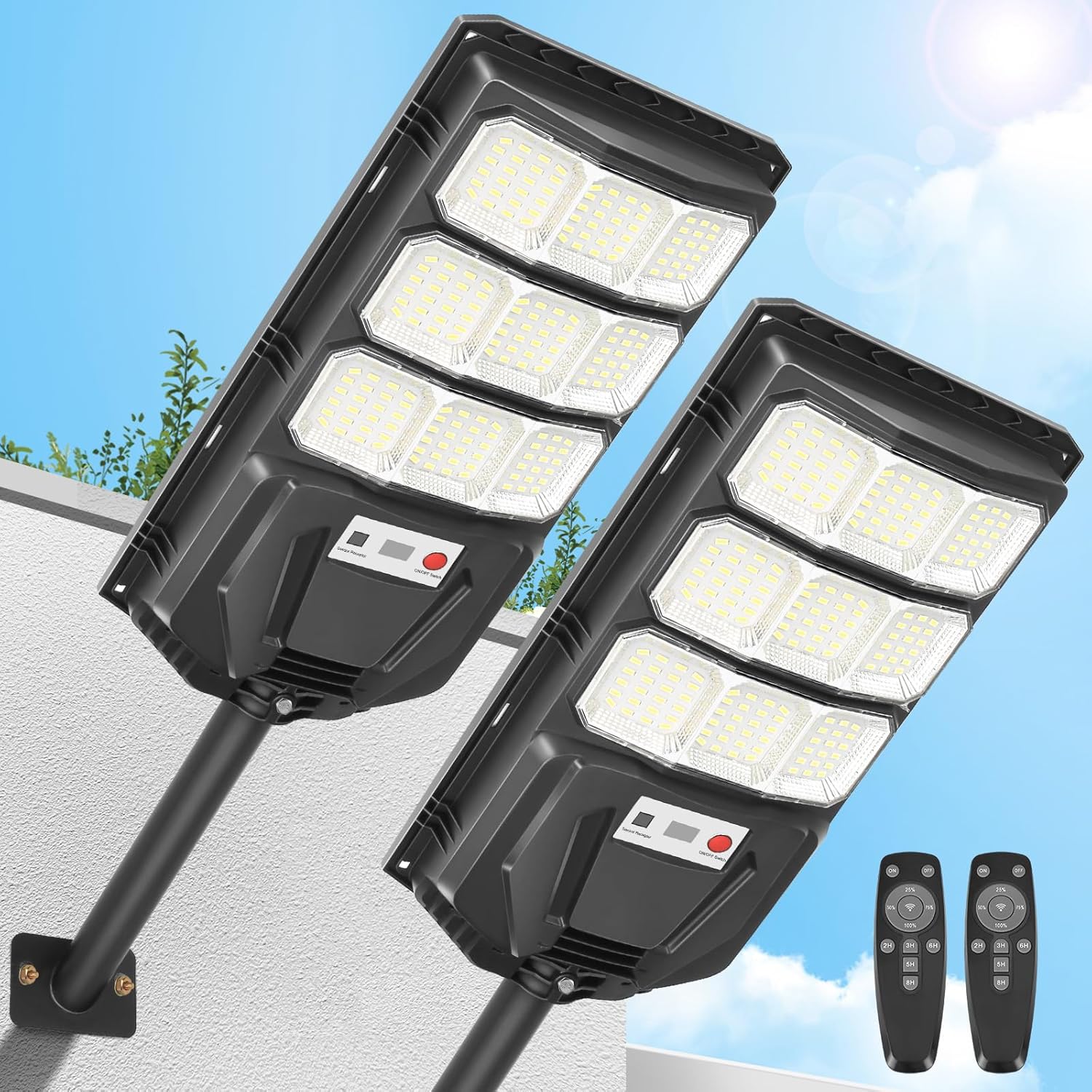 2 Pack Solar Lights Outdoor Waterproof: 3000W Solar Flood Lights Outdoor IP66 Motion Sensor 6500K Outside Security Dusk to Dawn LED Solar Powered Street Light with Remote Wall Mount Lamp for Yard