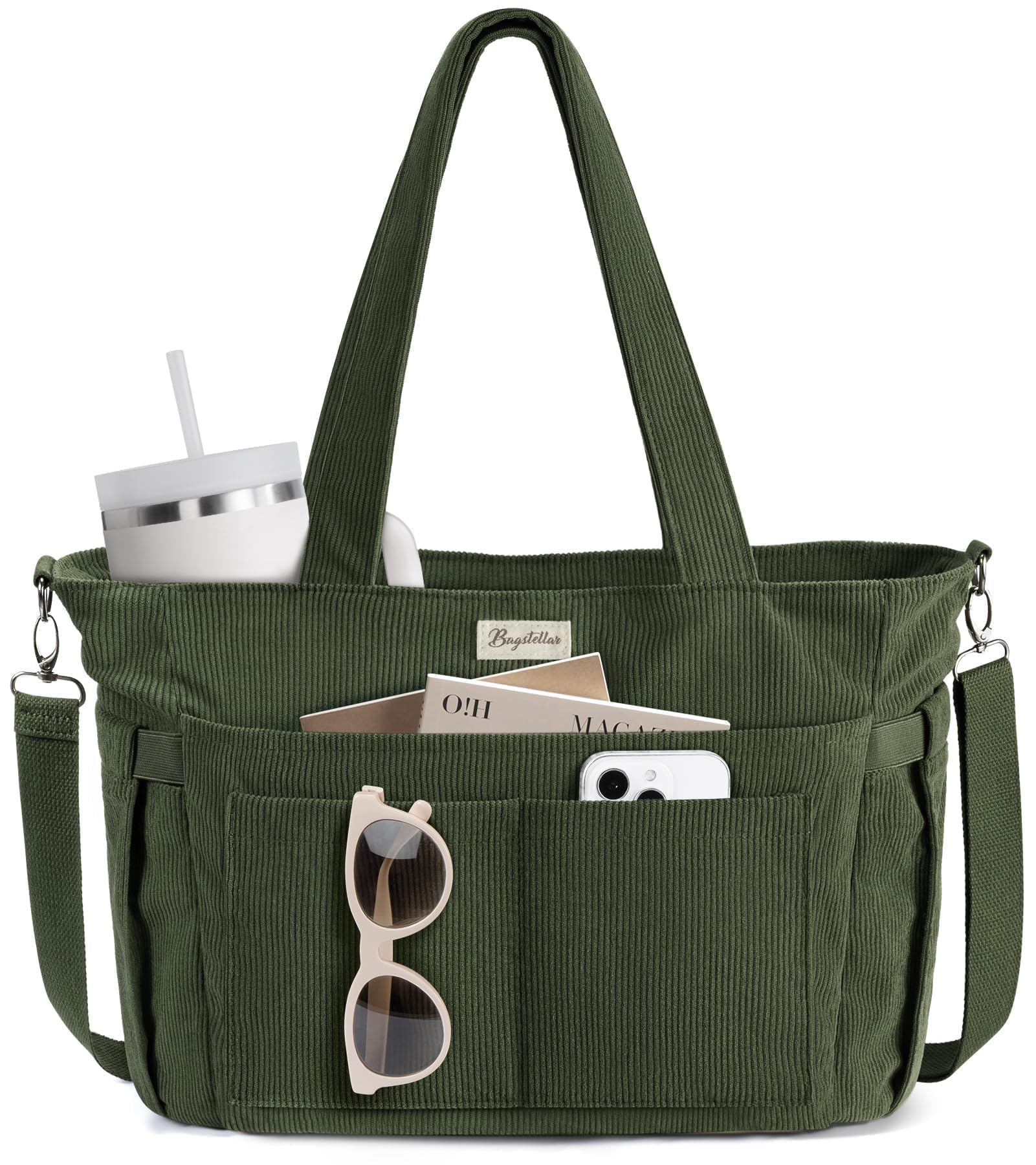 Bagstellar Corduroy Tote Bag for Women, 17 Pockets Laptop Work Tote Bag Lightweight Teacher Nurse Bible Bag for School Travel | with 40oz Cup Holder, Multi Compartment, Zipper Crossbody Bag, College Shoulder Bag, Daily Purse w/ Strap, Ideal Gift for Women