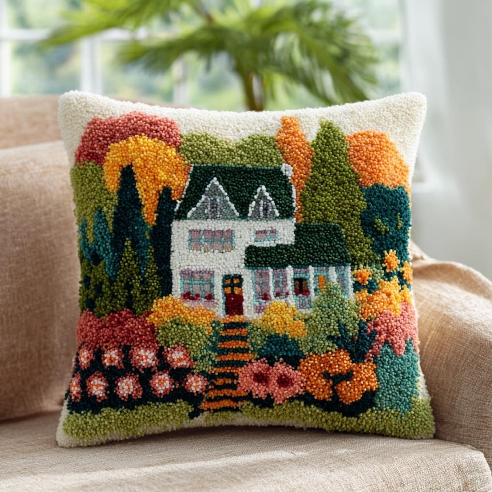 Henypt 43x43cm Latch Hook Pillow Kit,Garden Cottage Pre-Printed Canvas Cushion Cover Craft,Easy Latch Hook Embroidery Kit for All Skill Levels