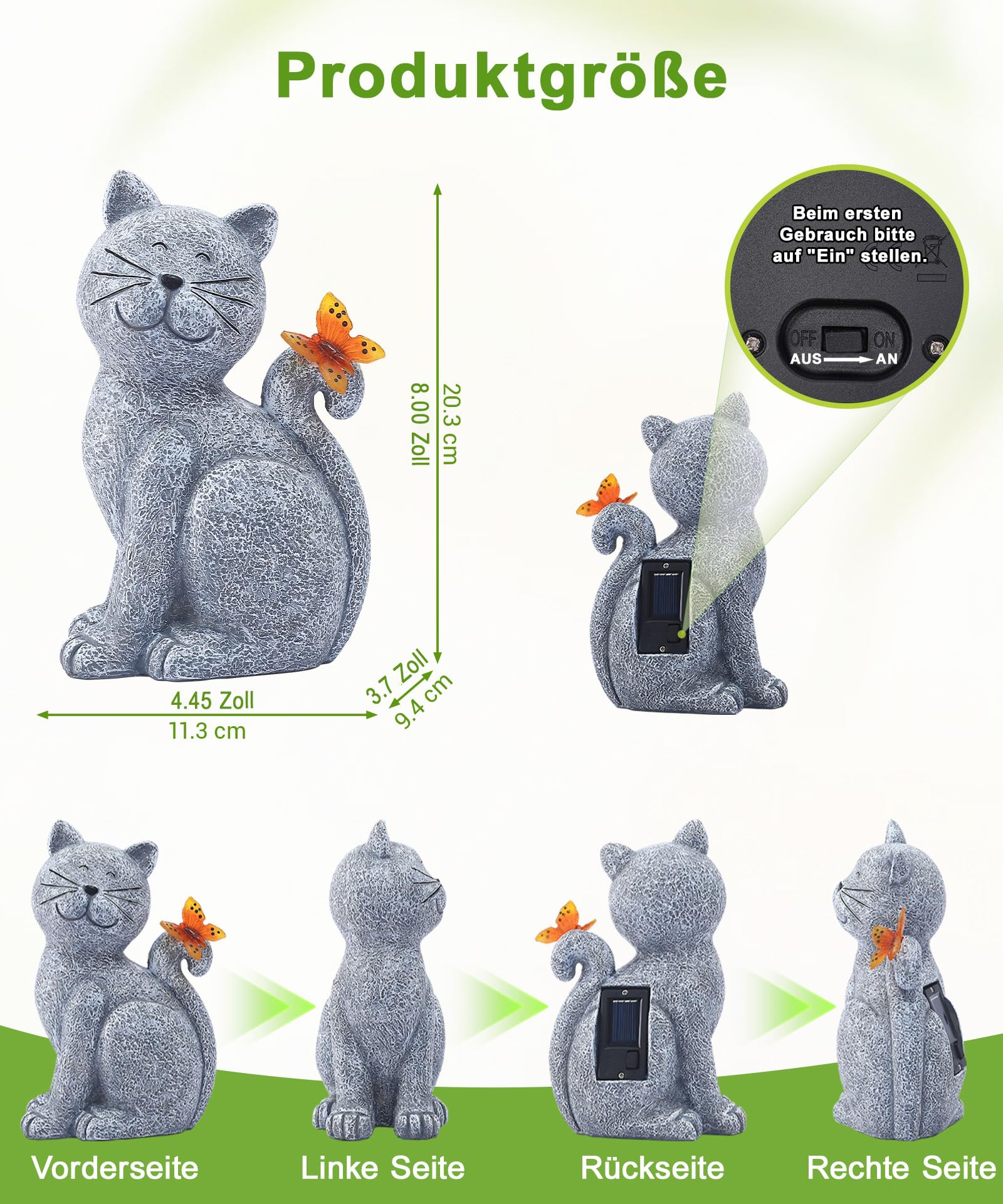 Yeomoo Katzen Figuren mit Solar Schmetterling Deko Wohnzimmer Gartendeko für draußen: Lustig katze Geschenk für Frauen Mama Geburtstagsgeschenk Gartenfiguren Wasserdicht Zimmer Garten Balkon Deko Grau