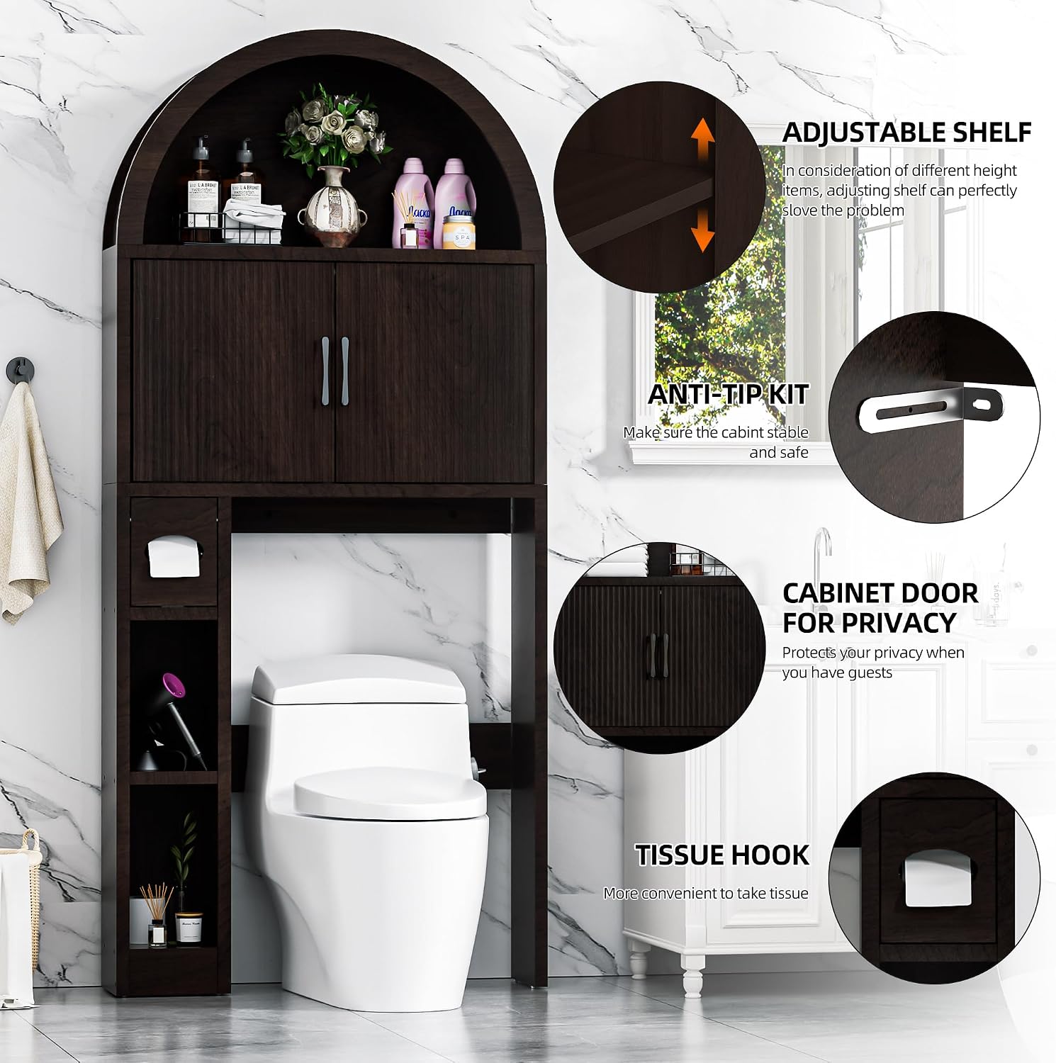 Over the Toilet Storage Cabinet, Farmhouse Rual Bathroom Organizer, Storage Organizer Cabinet with Adjustable Shelf and Elegant Arched Design, for Bathroom, Laundry and Restroom (Coffee)