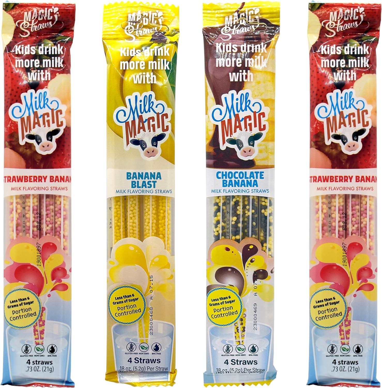 Milk Magic Milk Flavoring Straws, 4-Pack Bundle (16 count), Includes 8 Strawberry Banana, 4 Chocolate Banana, and 4 Banana Cereal Straws