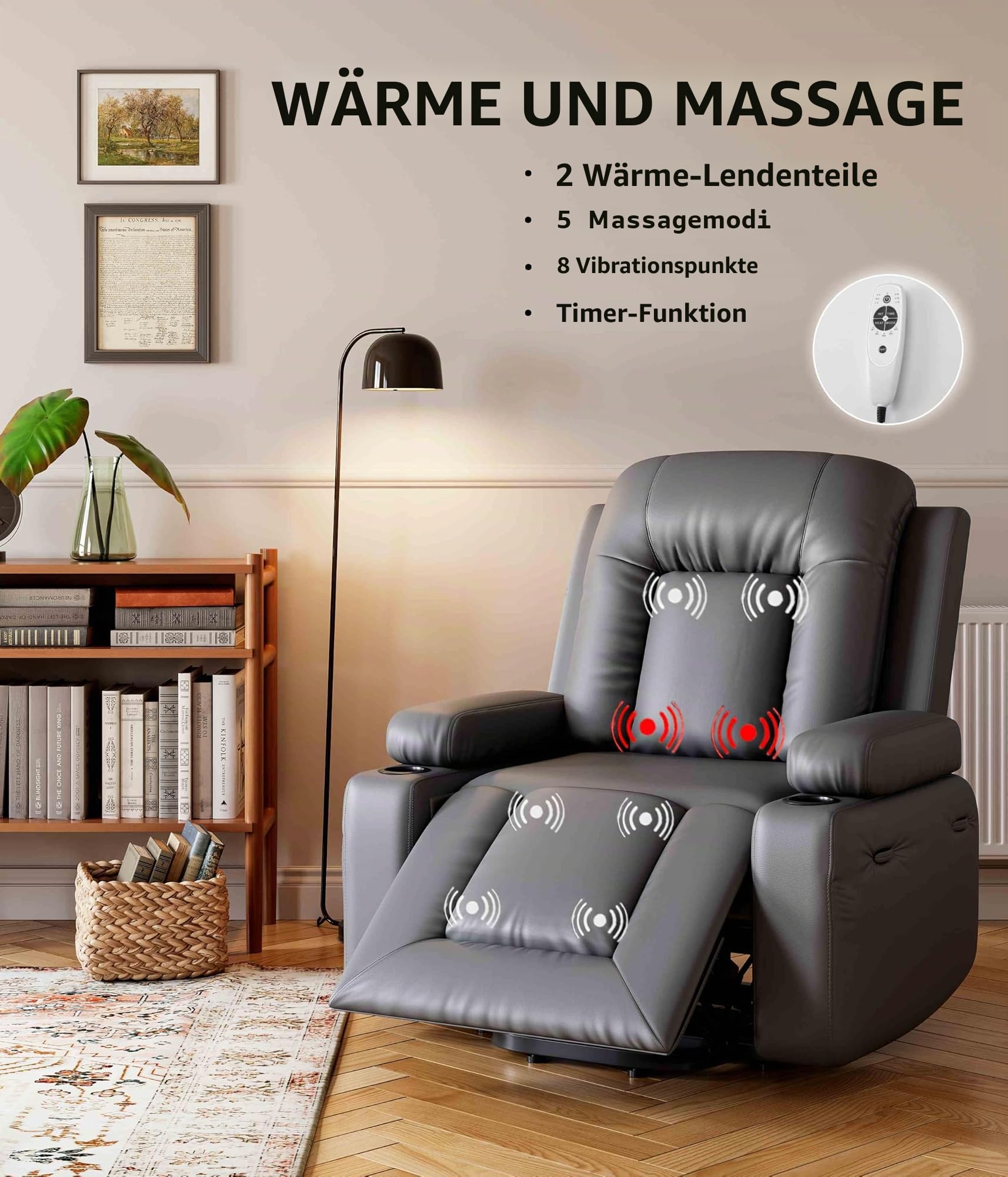 Elektrischer Relax- & Massagesessel mit Aufstehhilfe, Heizung, Liegefunktion und verstellbarer Rückenlehne/Beinauflage – PU-Leder Fernsehsessel für Senioren und Personen mit eingeschränkter Mobilität