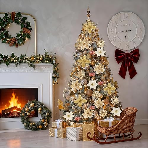 Miniatura 2 de Juego de 59 decoraciones para árbol de Navidad, adornos colgantes surtidos a granel con copos de nieve con purpurina, flores de Pascua artificiales,