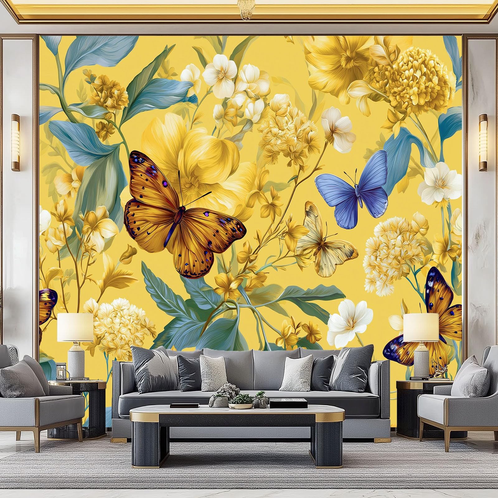 Fototapeta żółta, 300 x 210 cm – fototapeta w stylu retro, wysokiej jakości, włóknina, kwiaty, motyle, nadruk, tapeta do salonu, dekoracji domu, sypialni, kuchni, tapeta ścienna