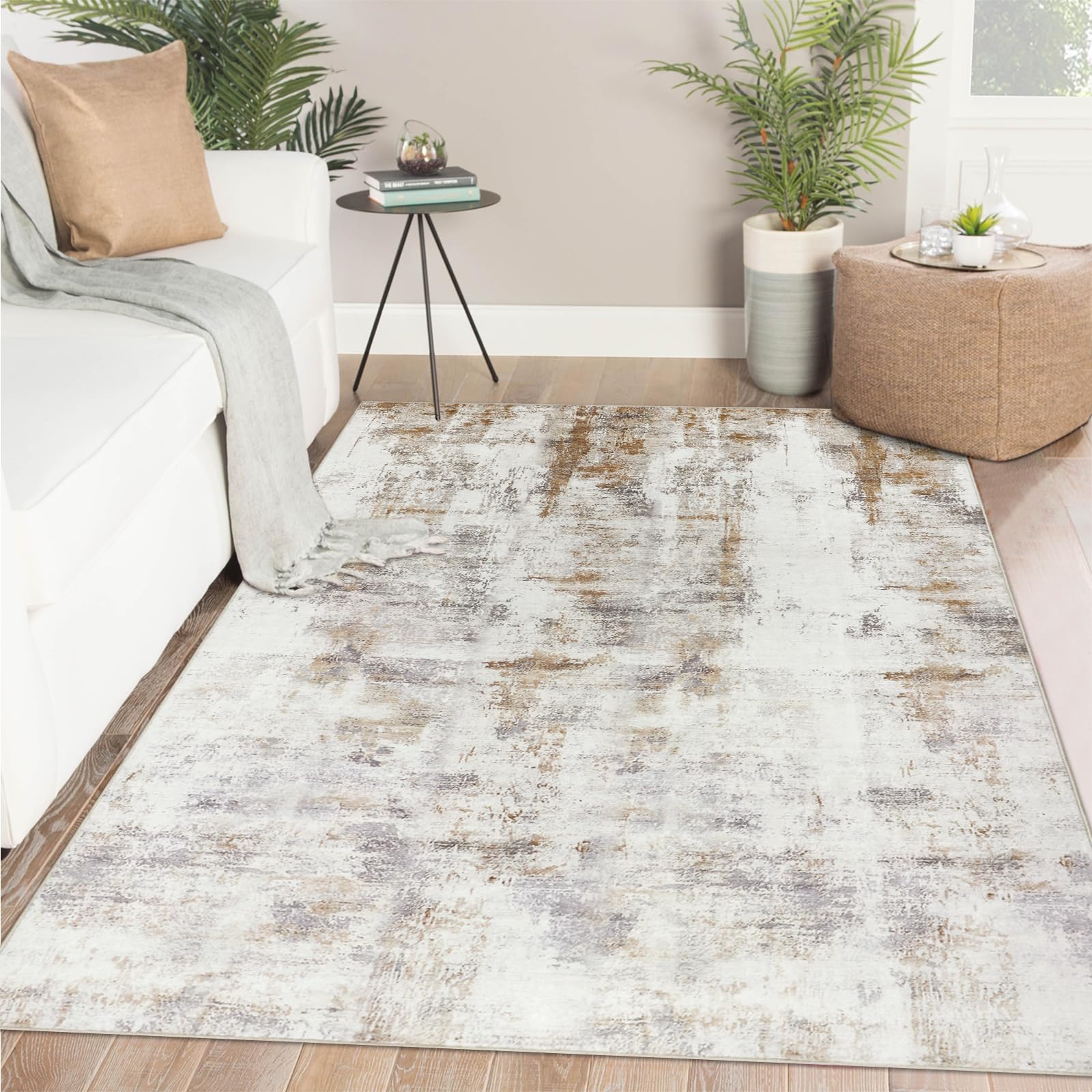 Famibay Alfombras Salón 120x170cm Beige Marrón Alfombras de Habitación Pelo Corto Suave Alfombra Dormitorio Lavable Lavadora Moderna Antideslizante para Salón Dormitorio Comedor