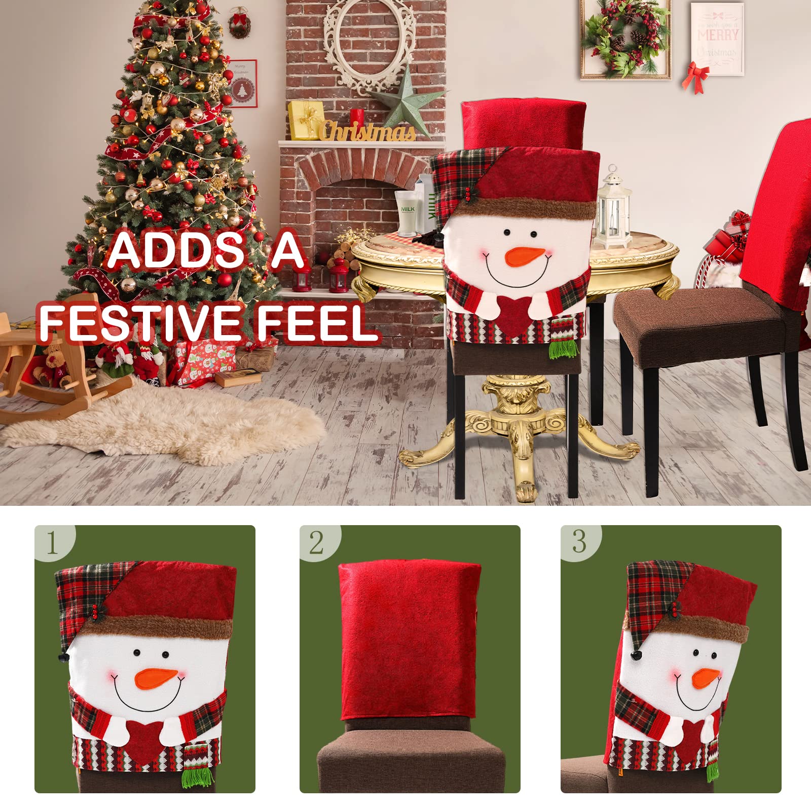 4PCS Christmas Chair Back Cover Removable Dining Room Chair Protector Slipcovers Christmas Decoration for Home Dining Room Kitchen Party-Snowman