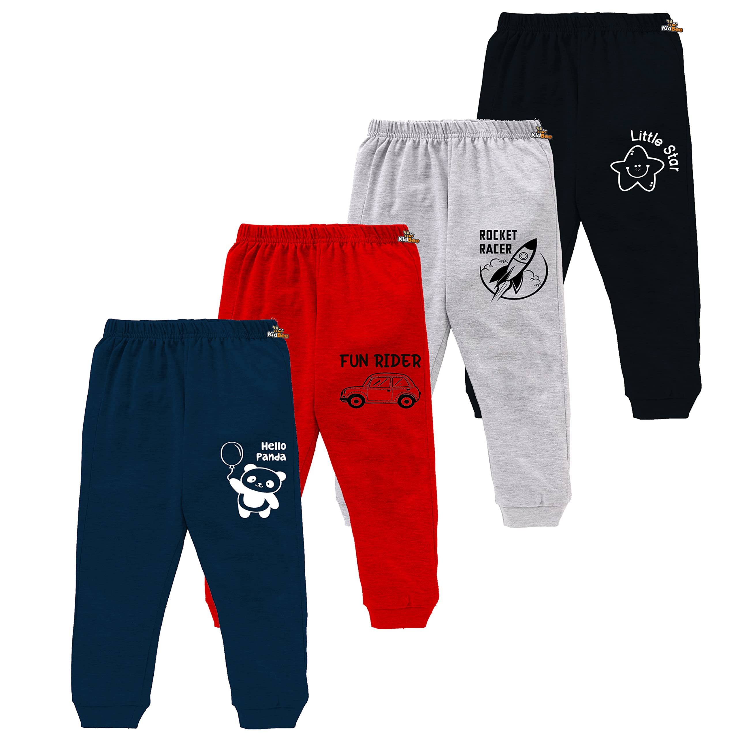 Kidbee Baby Soft Cotton Low Rise Pajama Casual Style, Red-Darkblue-Grey-Black Track Pants Printed For Baby Boys & Girls (Regular Loose Fit, Set Of 4) Jk-Pnt-4Pc-A (5-6 Years, Multicolor)