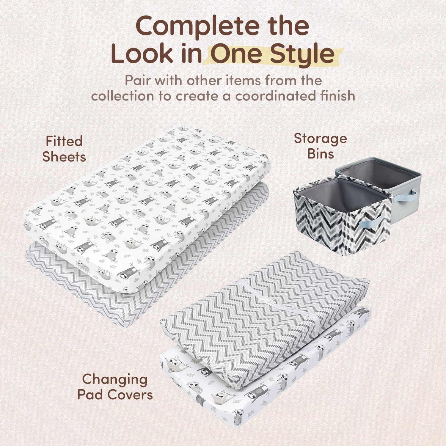 Fundas para cambiador de bebé, sábana de mesa de 32 x 16 pulgadas, bolsillo profundo de 8 pulgadas, funda para cambiador de pañales, 100% algodón, sábanas de bebé con cheurón y perezoso para niñas y