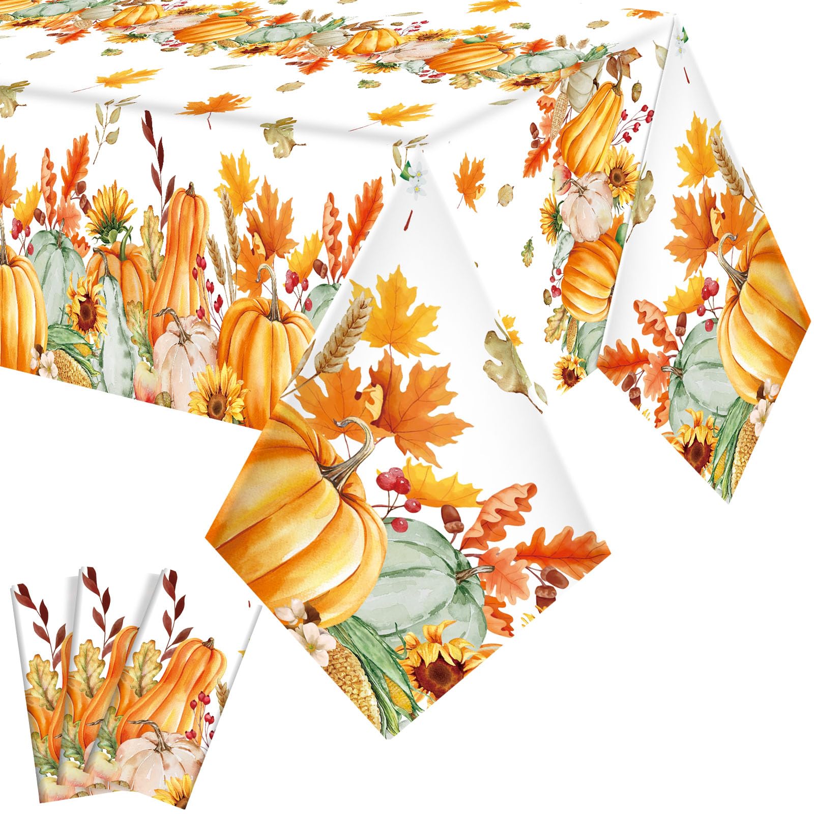 3 Pcs Thanksgiving Tablecloths - 54x108 Inch Disposable Plastic Pumpkin Sunflower Design