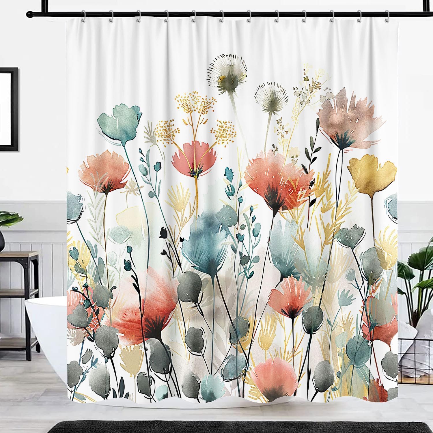 Rustic Boho Floral Shower Curtain, Bright Colorful Watercolor Flower Botanical Shower Curtain, Cute Minimalist Aesthetic Floral Bath Curtain with 12 Hooks, 72"×78" Blue Pink Sage Teal Cream Tan Grey