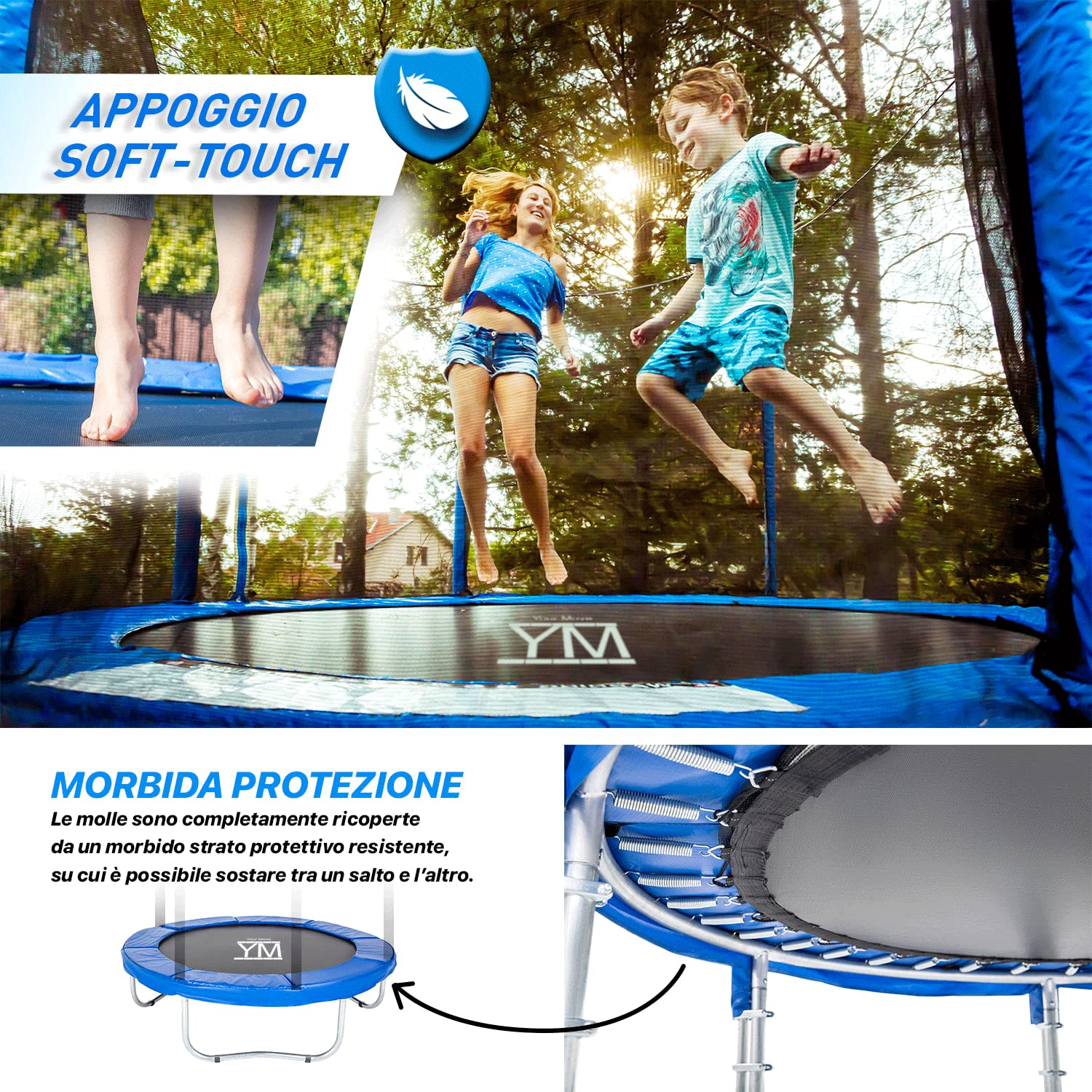 YM Trampolino Elastico per Bambini, Diametro 183/251/305/366, Kit Completo, per Giardino, Tappeto Sicuro con Protezione Bordi in Schiuma e Rete di Sicurezza, Tubi Telaio in Acciaio Zincato, Your Move