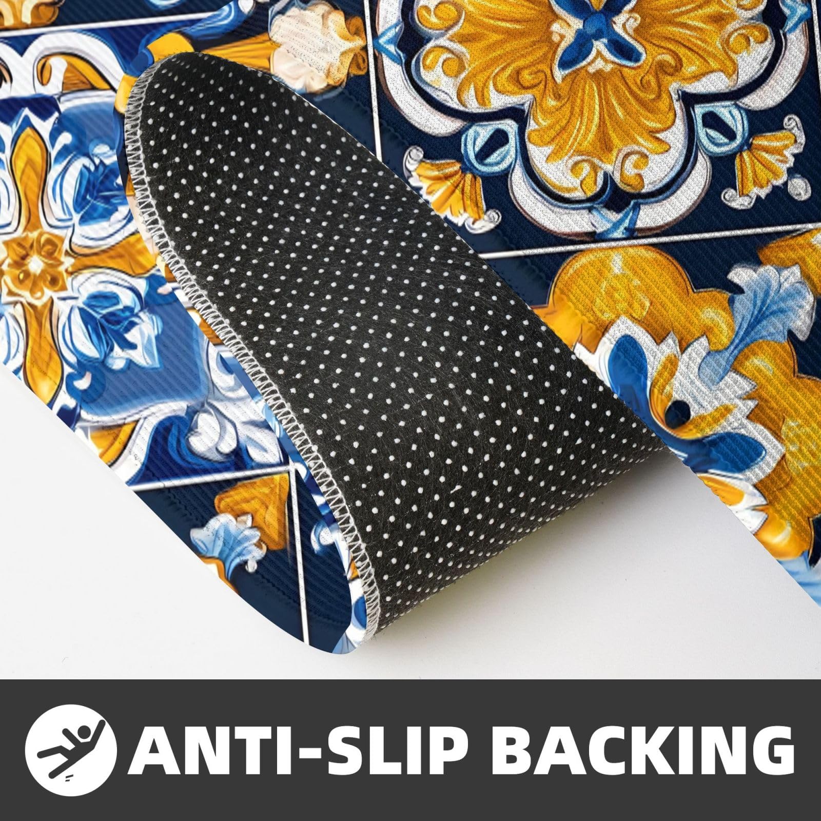 Juego de 2 alfombras de cocina con azulejos españoles de color azul oscuro y amarillo, antideslizantes y absorbentes para dormitorio, baño, oficina