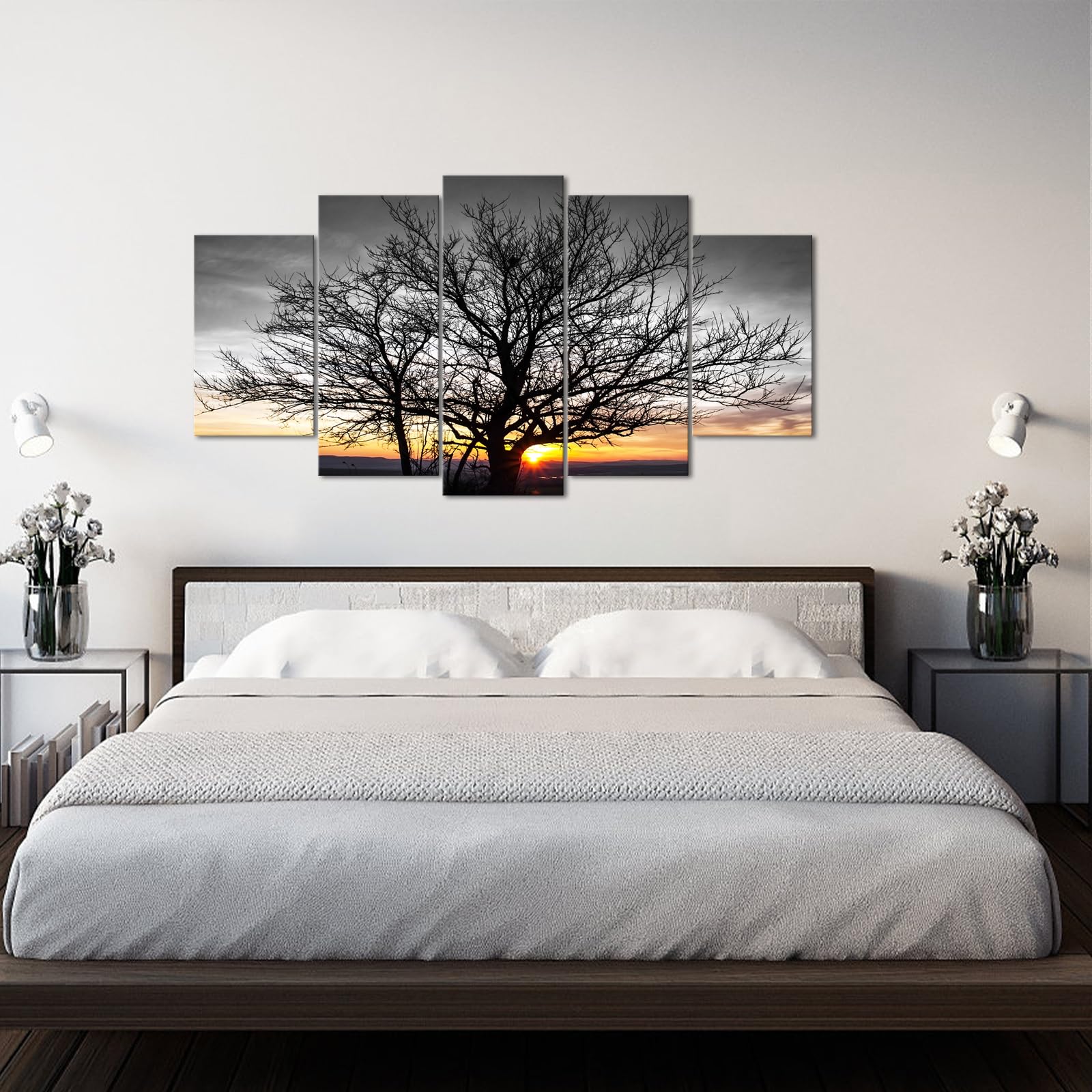 Artmyharbor Großer 5-teiliger schwarz-weißer Leinwanddruck Baum Wandkunst Gold Sonnenaufgang Bilder Gemälde Natur Landschaft Kunstwerk Zuhause Bauernhaus Wohnzimmer Schlafzimmer Büro Wanddekoration