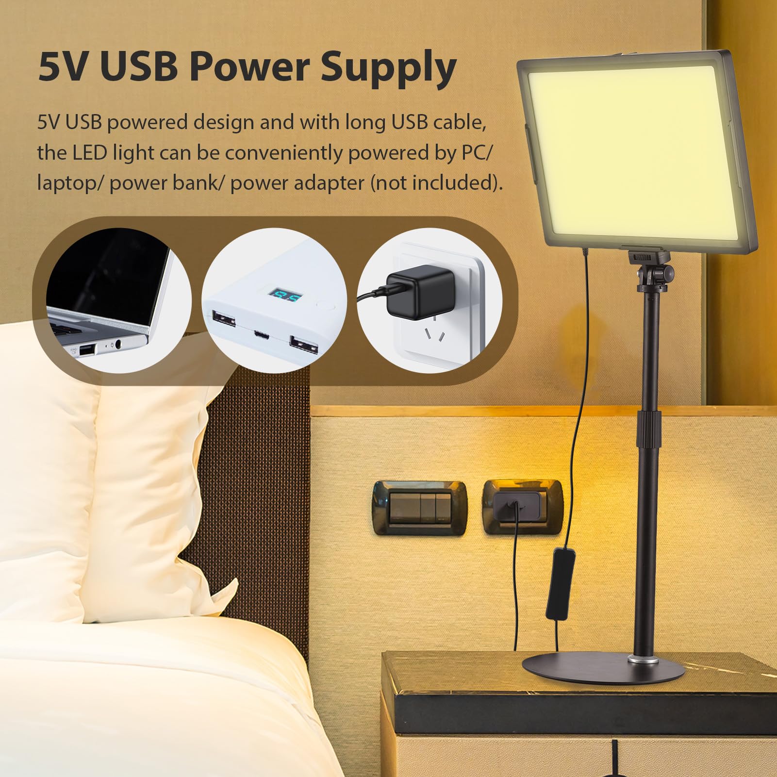 Andoer Lampada LED per video da 15 W, 3000 K - 6500 K, intensità dimmerabile con supporto luminoso, alimentazione USB per trasmissioni in diretta, registrazione video, riunioni online, istruzione