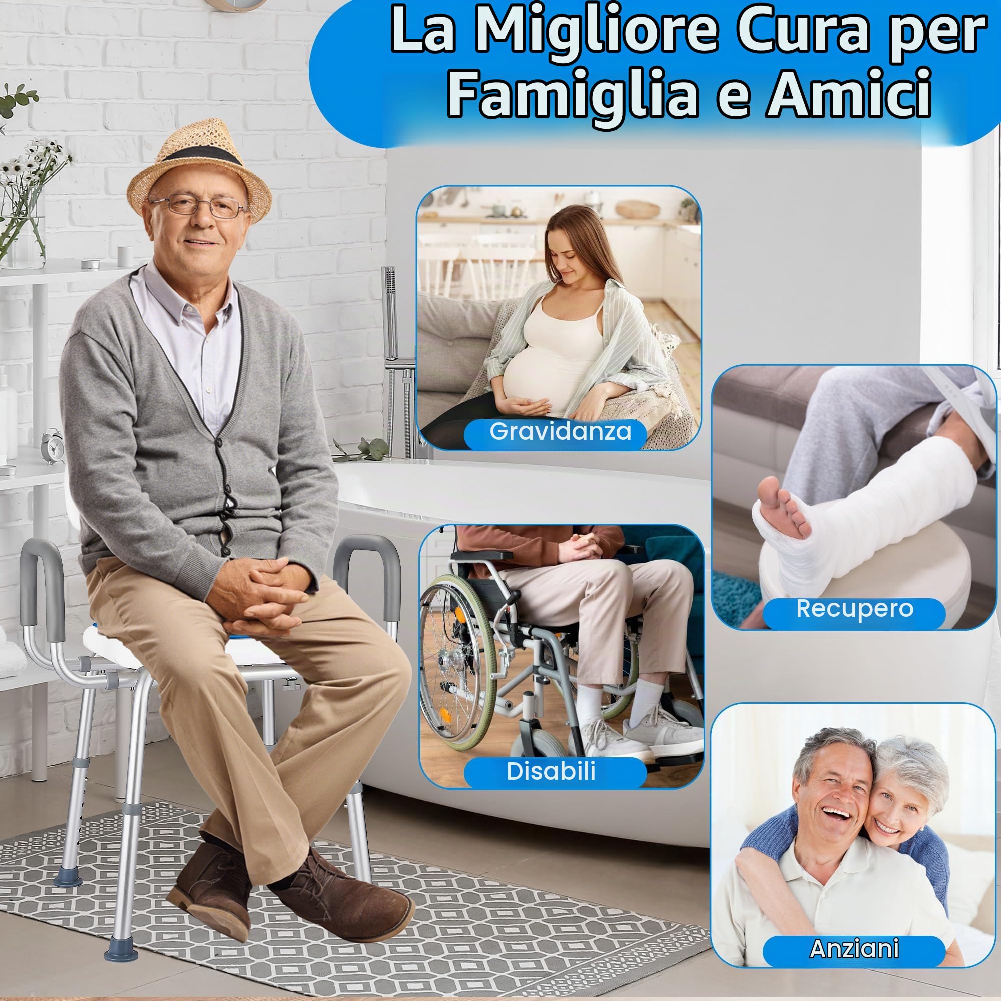 Sedia Doccia per Anziani e Disabili, Sgabello Doccia con 3 livelli Regolabile Braccioli e Schienale Rimovibile, Sedili più Grandi, Sedile per Vasca da Bagno Antiscivolo Regolabile in Altezza