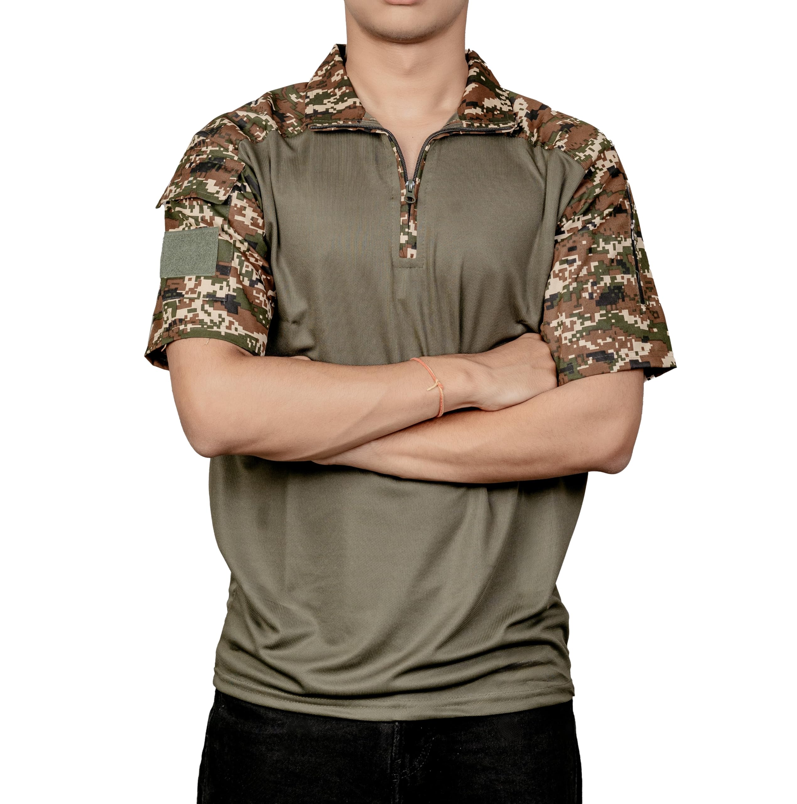 Army Print Men’s Tactical Combat T-Shirt Half Sleeve | Army Camouflage Military Style Zip Neck Tee | Quick Dry Polyester T-Shirt for Men-image-9