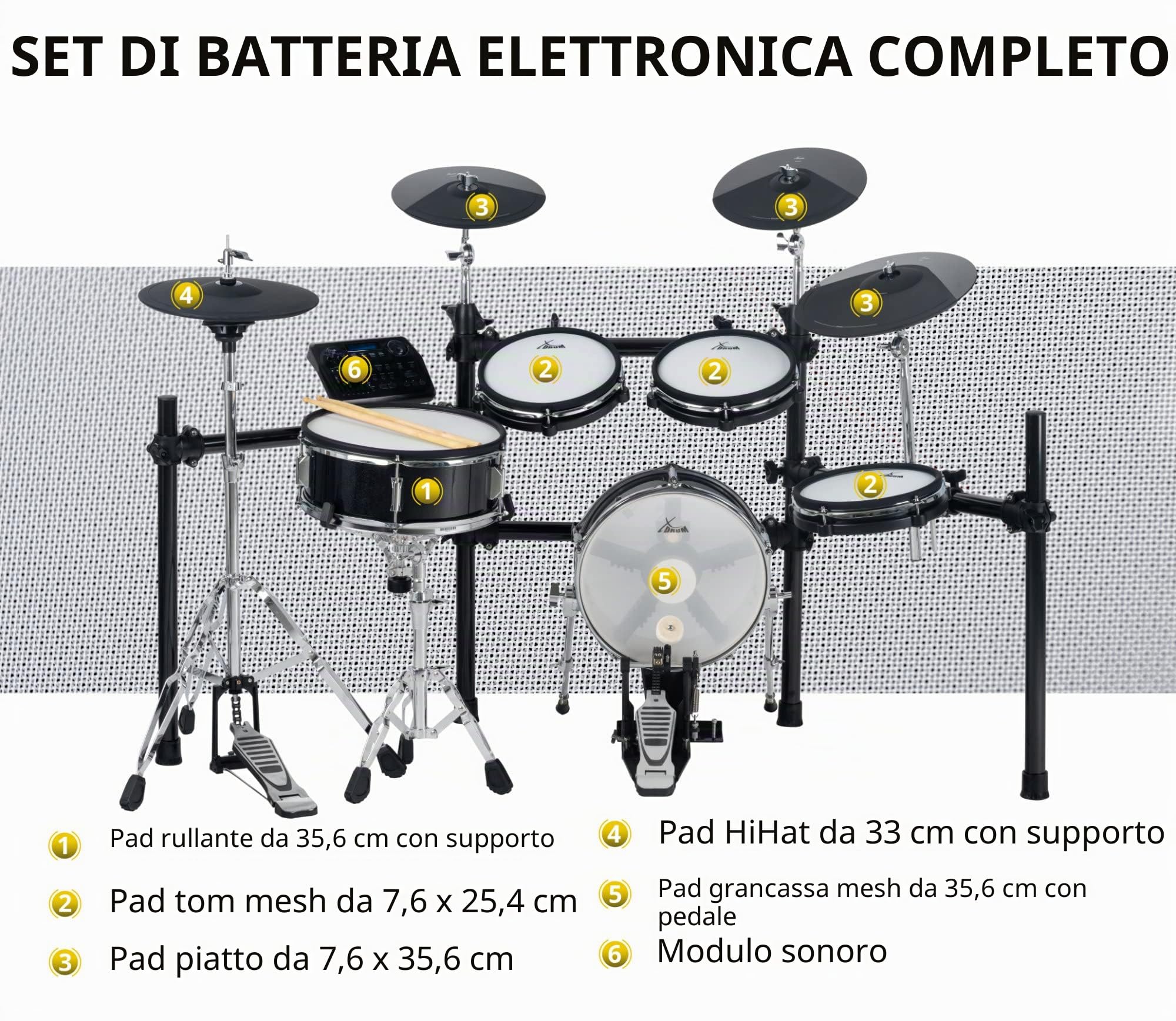 XDrum DD-650 Mesh E-Drum Kit, 1x pad cassa 14" con cassa in legno | Batteria elettronica con mesh heads a doppio strato, 1x pad rullante 14" dual-zone con cassa in legno, Modulo, 720 suoni