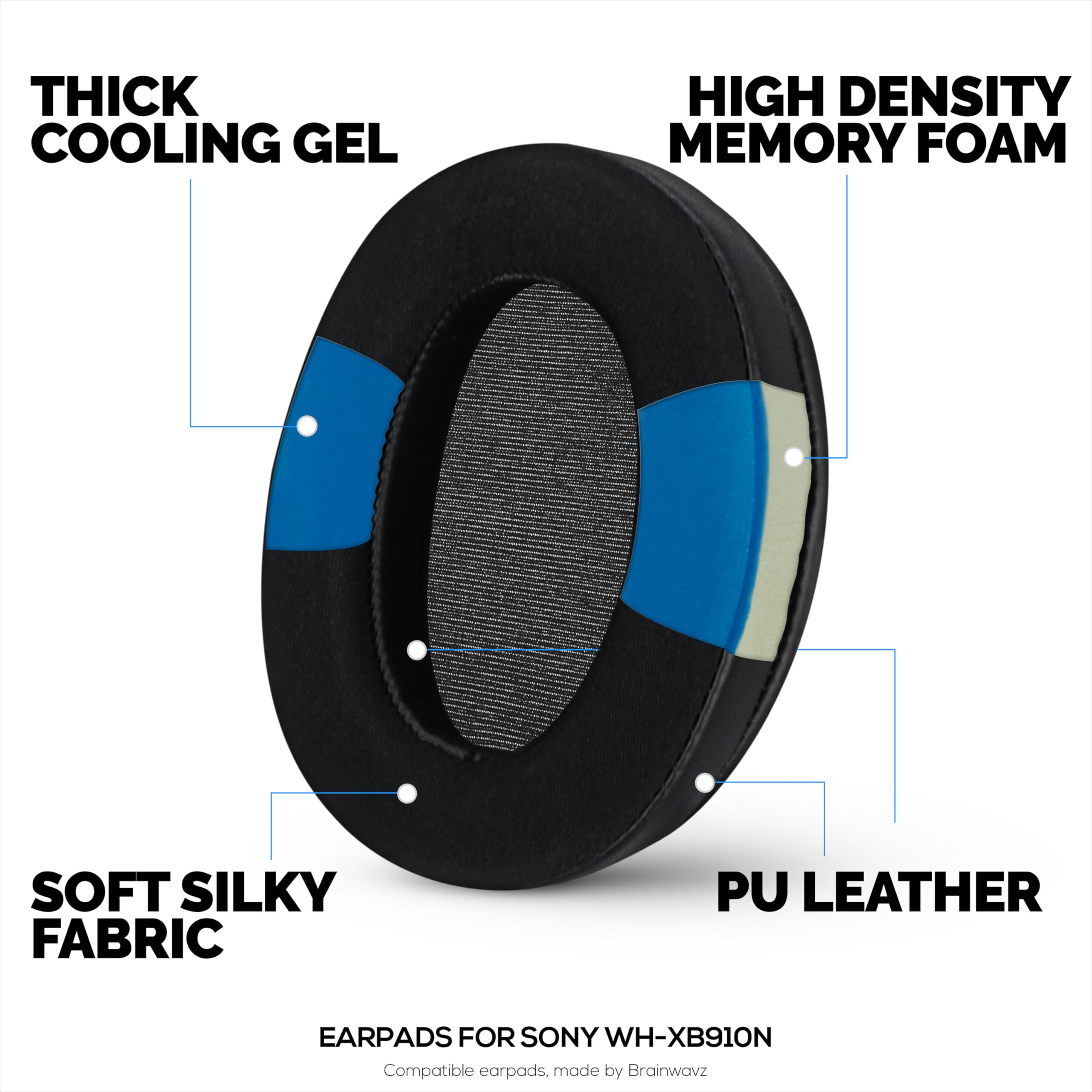 Almohadillas híbridas para auriculares Sony WH-XB910N, gel frío, tela súper suave, piel sintética y espuma viscoelástica más gruesa para mayor comodidad. Brainwavz