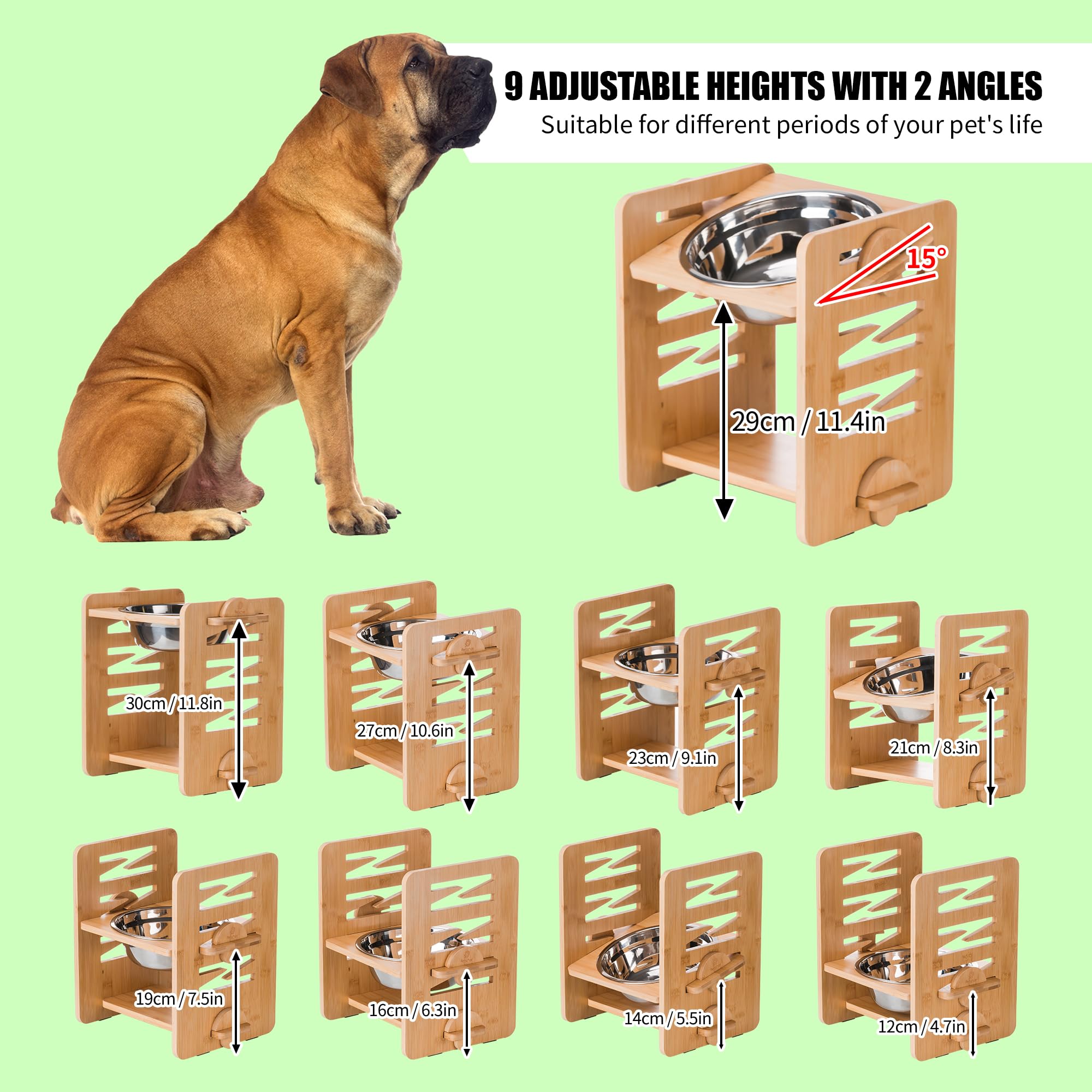 Erhöhte Hundenapf, 9 Höhen Einstellbar Futternapf Hund 12-30 cm, Bambus Holz Futterstation mit 1.5L Edelstahlnapf, Einzeln Erhöhte Hundebar für mittelgroße & Grosse Hunde, 2 Pack