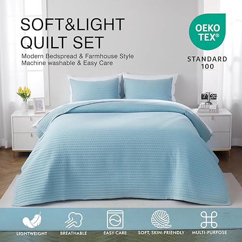 Miniatura 2 de Juego de ropa de cama y colecciones tamaño individual, moderno, rústico, bohemio, de lujo, de punto neutro, edredón reversible azul suave y ligero