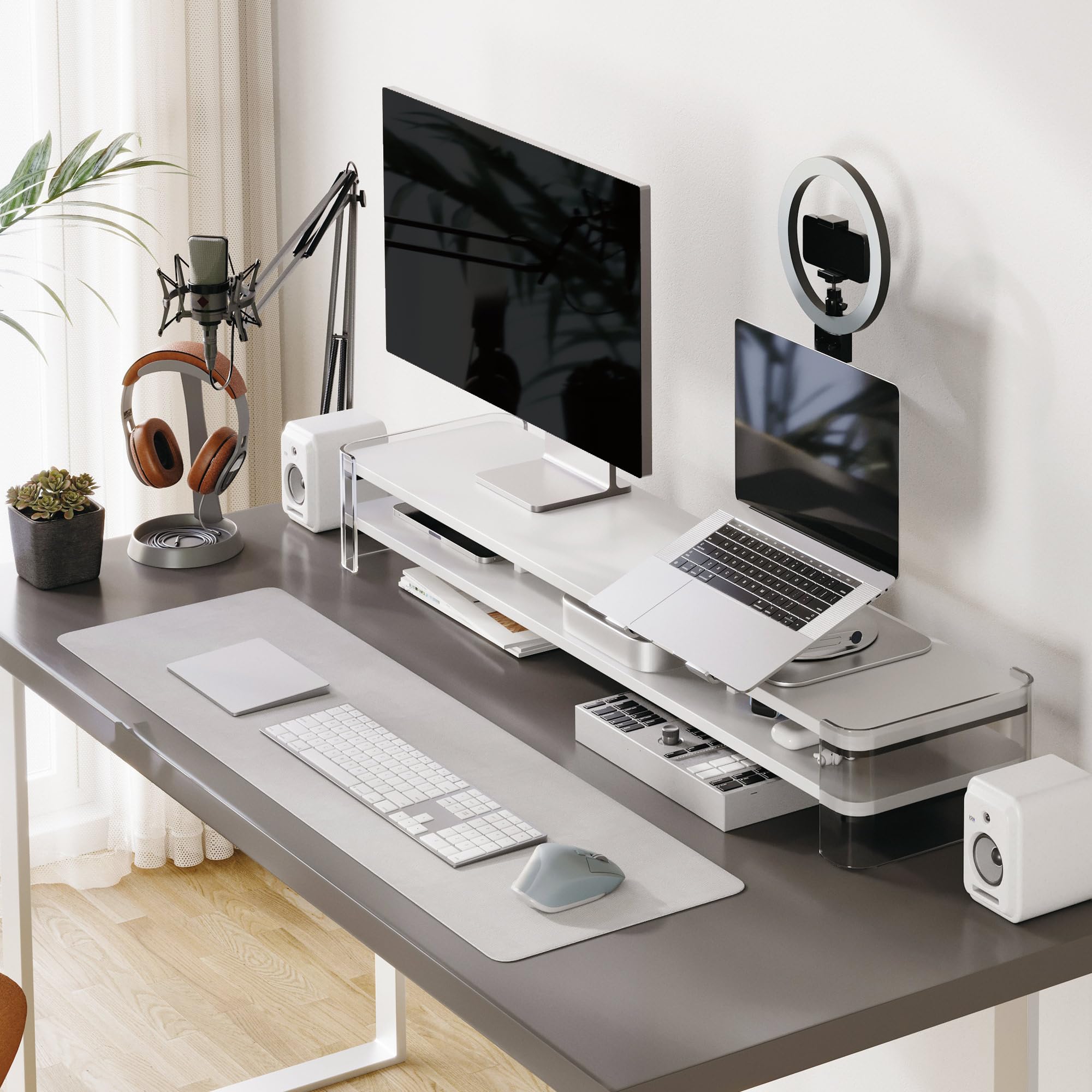 Fenge Supporto per Monitor Grandi in Acrilico, Supporto per Doppio Monitor con Ampio Spazio di Archiviazione, Supporto per Doppio Monitor per PC/Laptop/TV 109,4x23,5x15cm Bianco