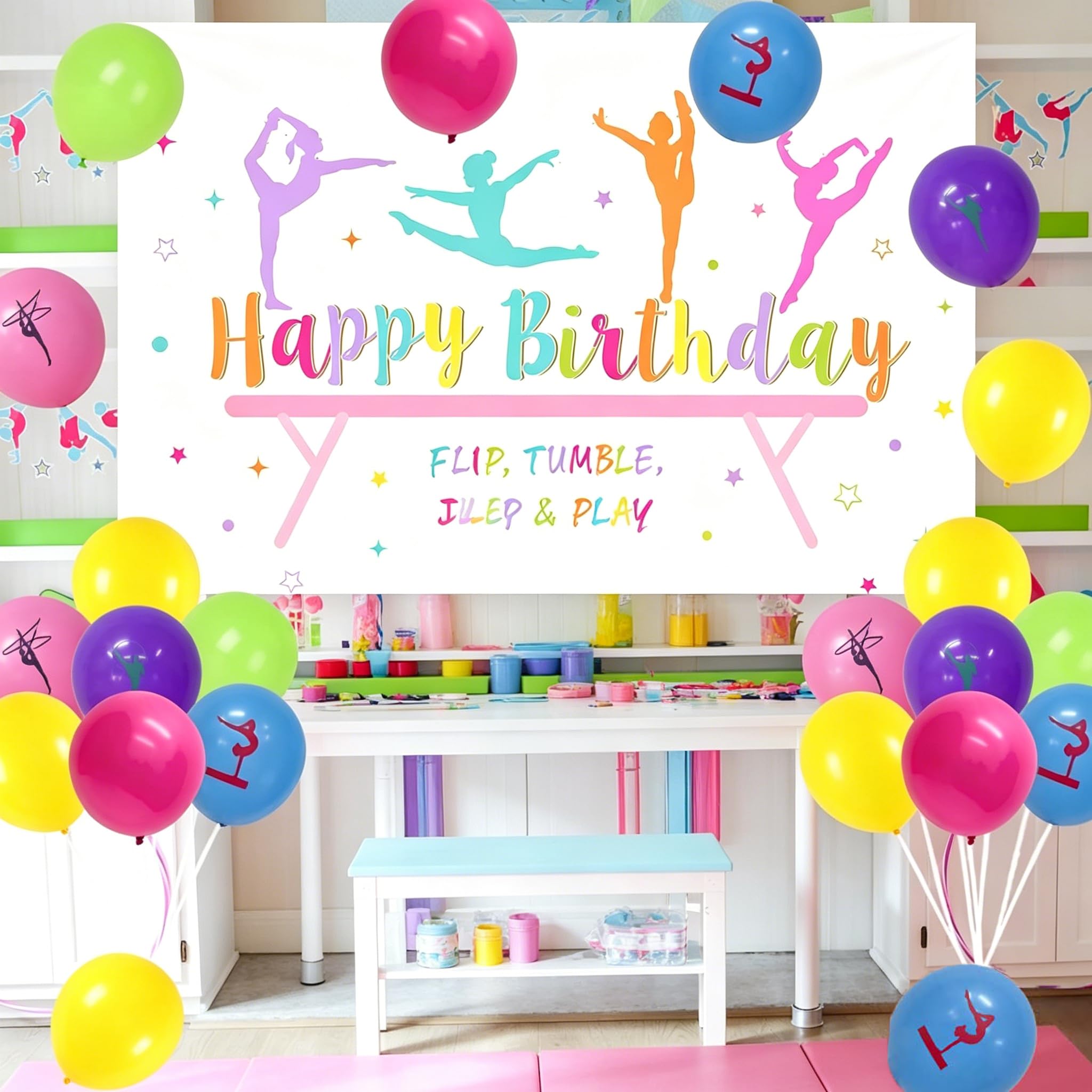 Happy Birthday dekoracje urodzinowe: baner Happy Birthday, balony i girlanda do ciast i babeczek o tematyce gimnastyki