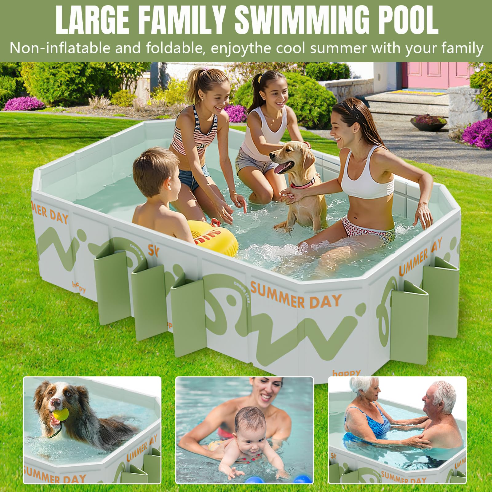 Faltbarer Pool 220x135x50cm - Großes Planschbecken für Kinder & Erwachsene, Tragbares Kinderpool mit Doppelabfluss, Platzsparend und Leicht zu Reinigen, Ideal für Garten, Terrasse, Strand & Sommerpart