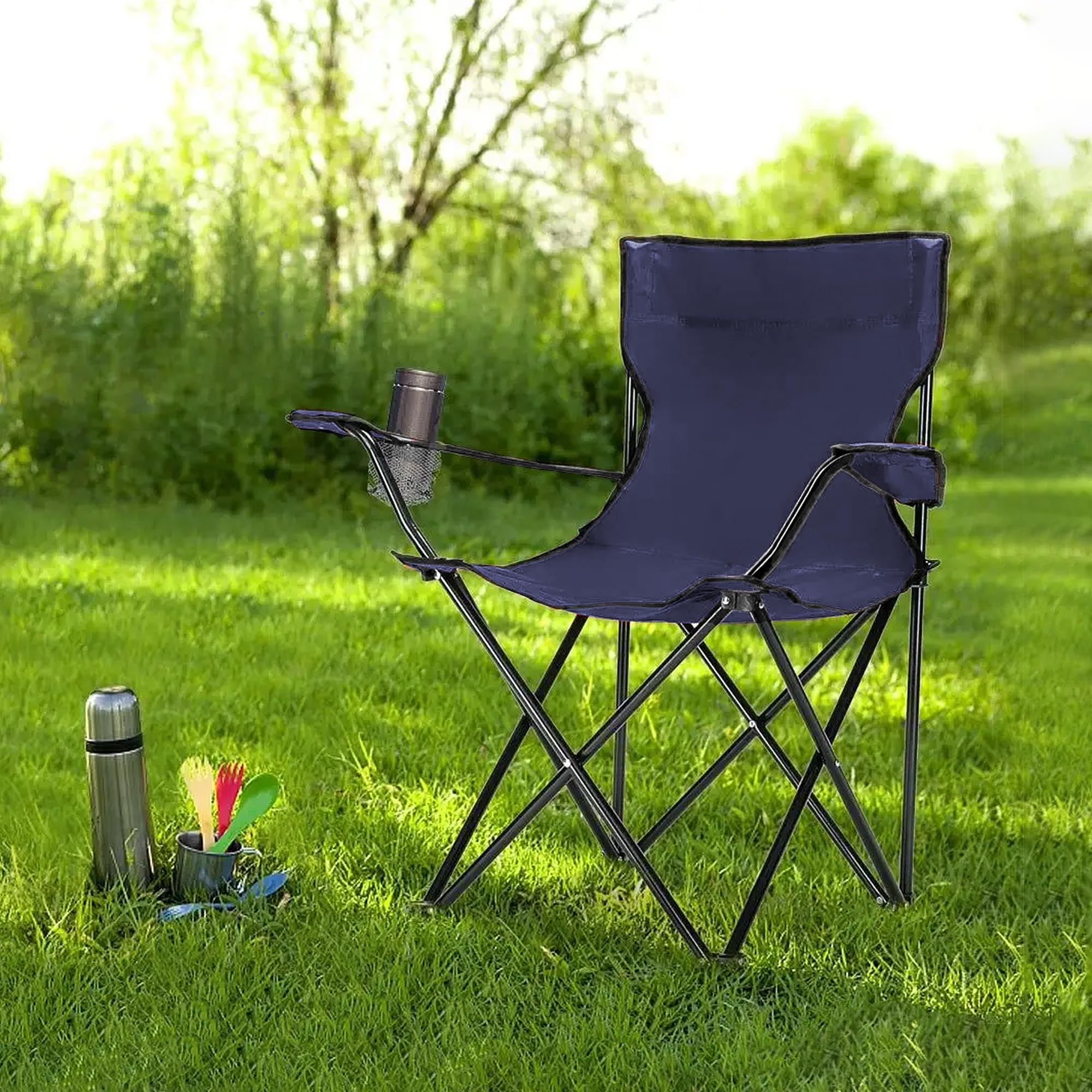 IlGruppone Sedia Camping Pieghevole in Acciaio con Porta Bevande – Sedia da Campeggio Portatile Impermeabile e Antiruggine con Sacca Trasporto – Ideale per Mare, Spiaggia, Pesca e Outdoor (Blu)