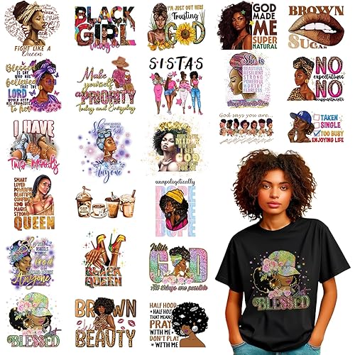 24 Sheets Black Girl Iron on Transfers for T-Shirts, DTF Transfers Ready to Press Black Women Black History DTF Transfers Ready to Press Heat Transfer Vinyl Vinyl Stickers for Clothes Bag Pillow Craft