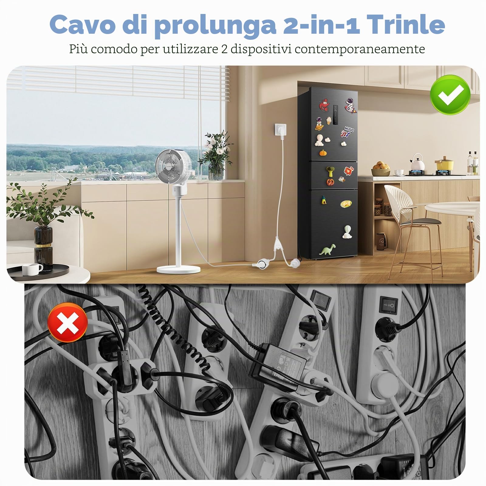 Adattatore 2 in 1, cavo di prolunga esterno con contatto di protezione, cavo di plastica AC, spina doppia per presa IP44, per casa, ufficio, esterno, fino a 250 V/16 A (Bianco)