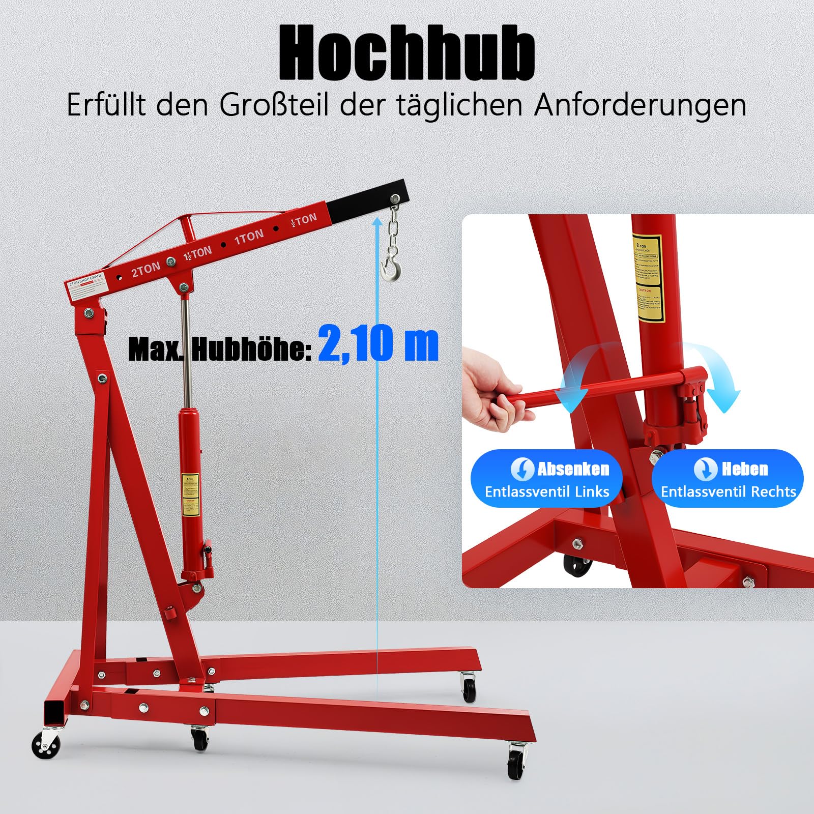 Werkstattkran Klappbar mit 4 Einstellbaren Positionen, 2000 KG Motorkran Motorheber aus Kohlenstoffstahl, 6 Eisen-Lenkrollen, Max. 210 cm Hakenabstand vom Boden, Rot (2-Pack-Sendung)
