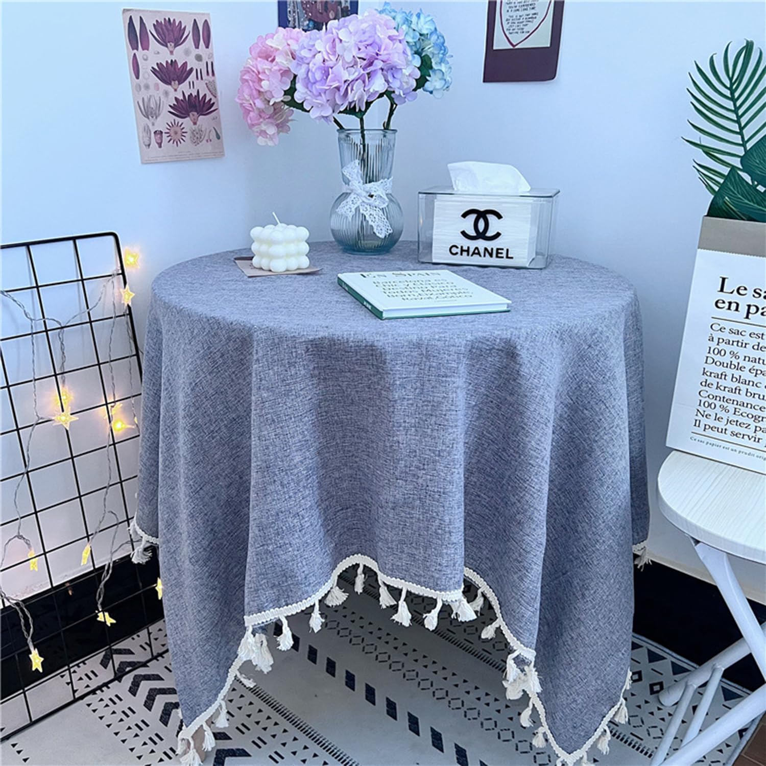 FOELANNE Embroidered Lace Tablecloth, Square Cotton Linen Tablecloth with Tassels, Washable, Multicolor, Multiple Sizes(Grey,140x140cm)