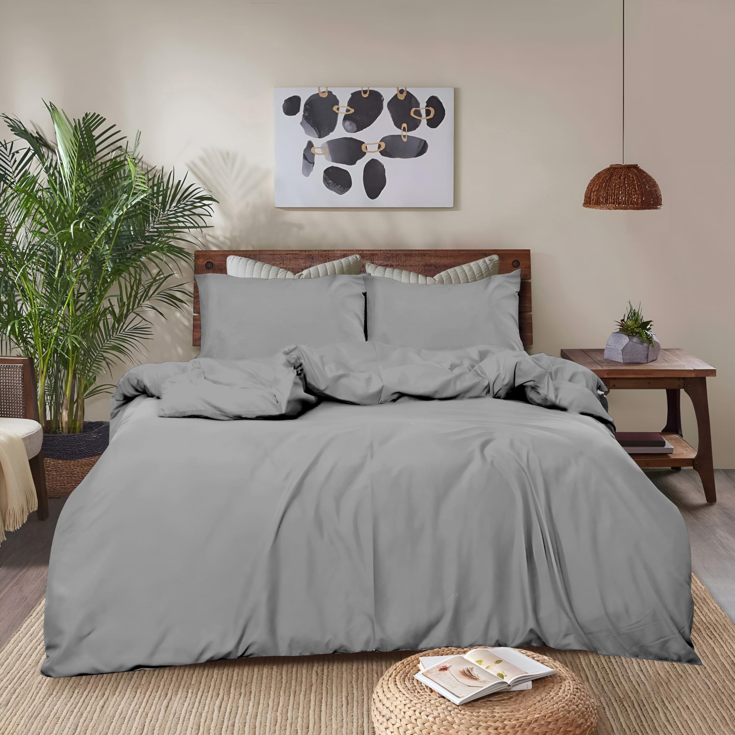 REHAN & CO Duvet Cover Sets – Soft Brushed Microfiber Bedding – Plain Quilt Cover With Pillow Cases (Light Grey - Super King)