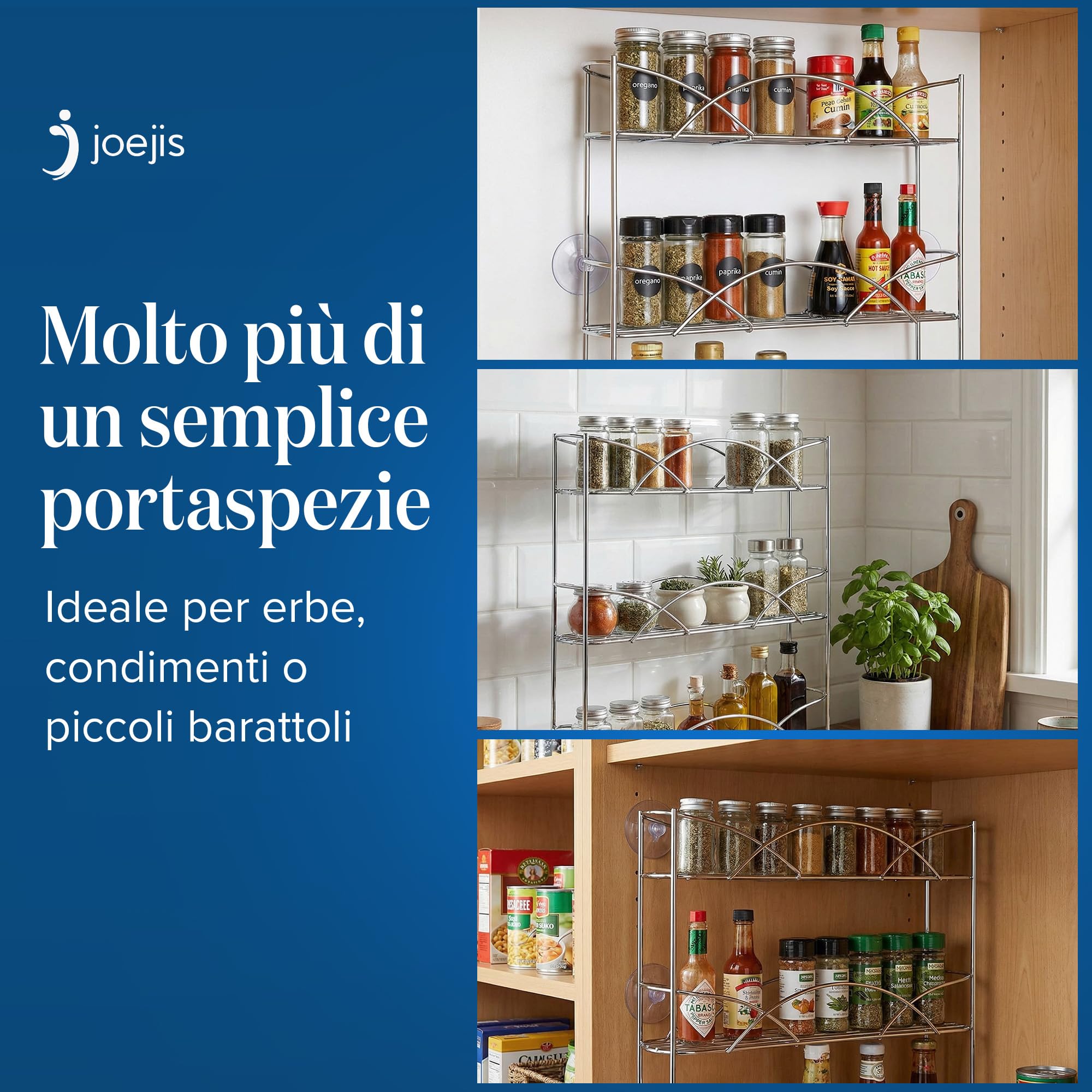joeji's Kitchen Portaspezie a 3 Livelli - Portaspezie Da Appoggio Salvaspazio - Adattarsi a Vasetti Di Diverse Dimensioni - Adatto Per 18 Barattoli Di Spezie - Argento