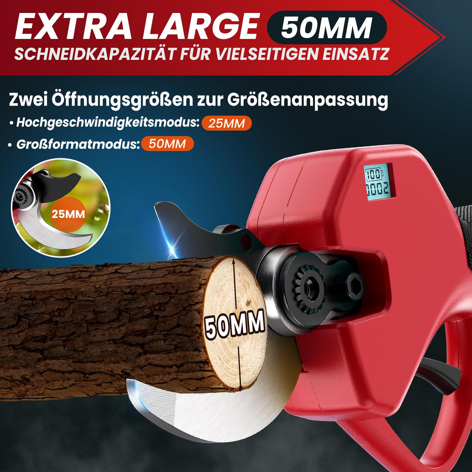 Akku Astschere, 50MM Elektrische Gartenschere Kabellos für Makita mit LCD Anzeige 2x 2000mAh Batteries, Leistungsstark Leise, Professionelle Bürstenlose Gartenschere für Zweige, Sträucher, Stämme