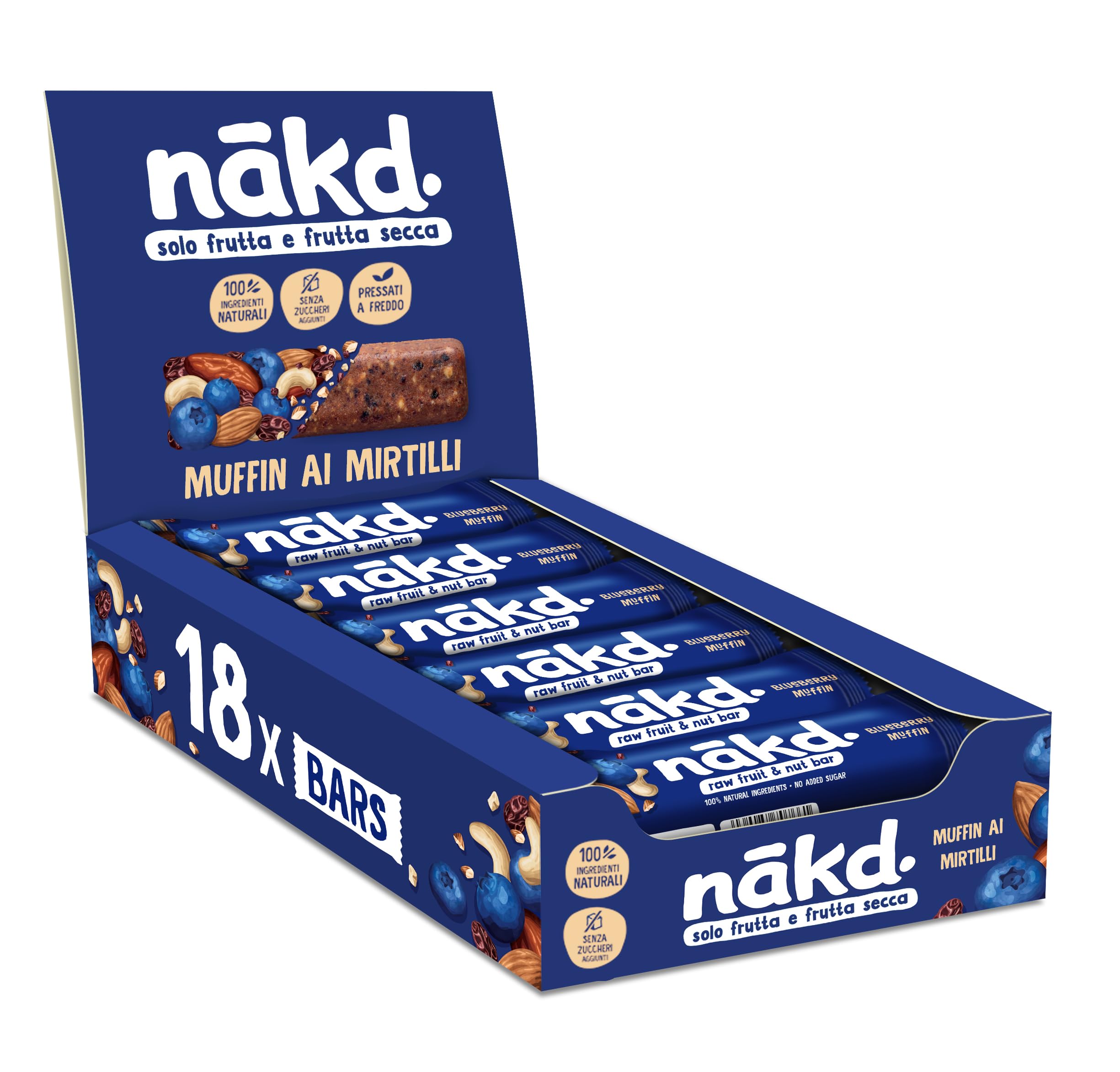 Nākd. Muffin ai Mirtilli | Barrette Raw con Frutta e Frutta Secca | 18x35g