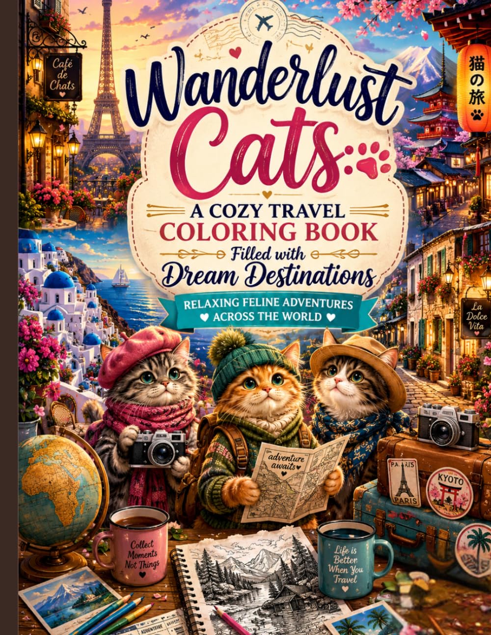 Wanderlust Cats: A Cozy Travel Coloring Book Filled with Dream Destinations