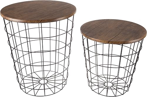 Lavish Home End Tables Set of 2 - Nesting Tables with Removable Wood Tops and Metal Basket Bases for Blanket Storage - Round Side Pieces for Living