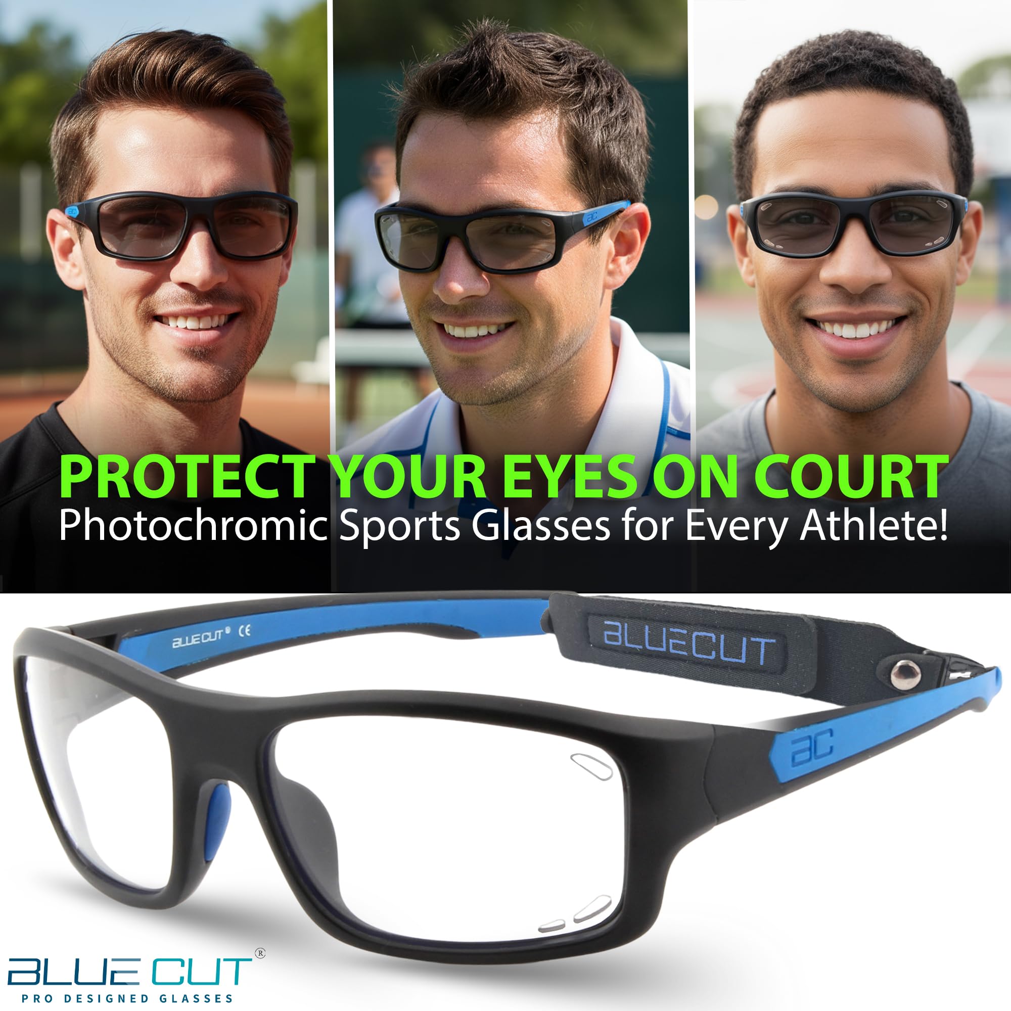 BLUE CUT Occhiali di protezione per sport, occhiali fotocromatici, occhiali di sicurezza per pallacanestro, pickleball, sport indoor e outdoor