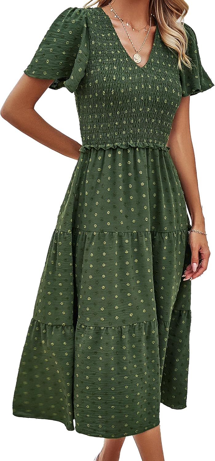 Women Summer 2024 Smocked Midi Dress, Ruffle Short Sleeve V-Neck Flowy A-Line Tiered Swiss Dot Dresses with Pocket